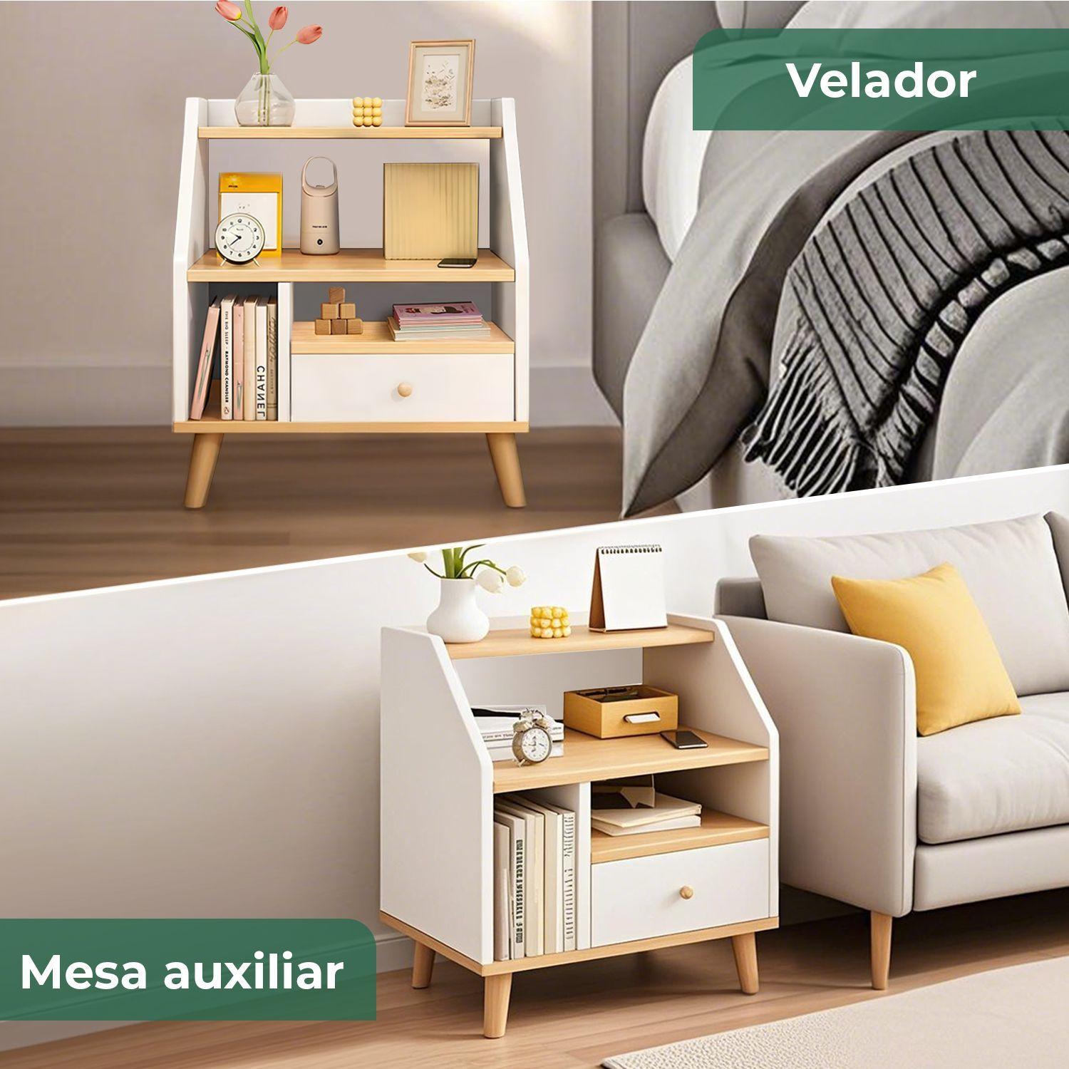 Velador 2 Niveles Con Cajones Color Blanco oak 40x30x53 Cm-7