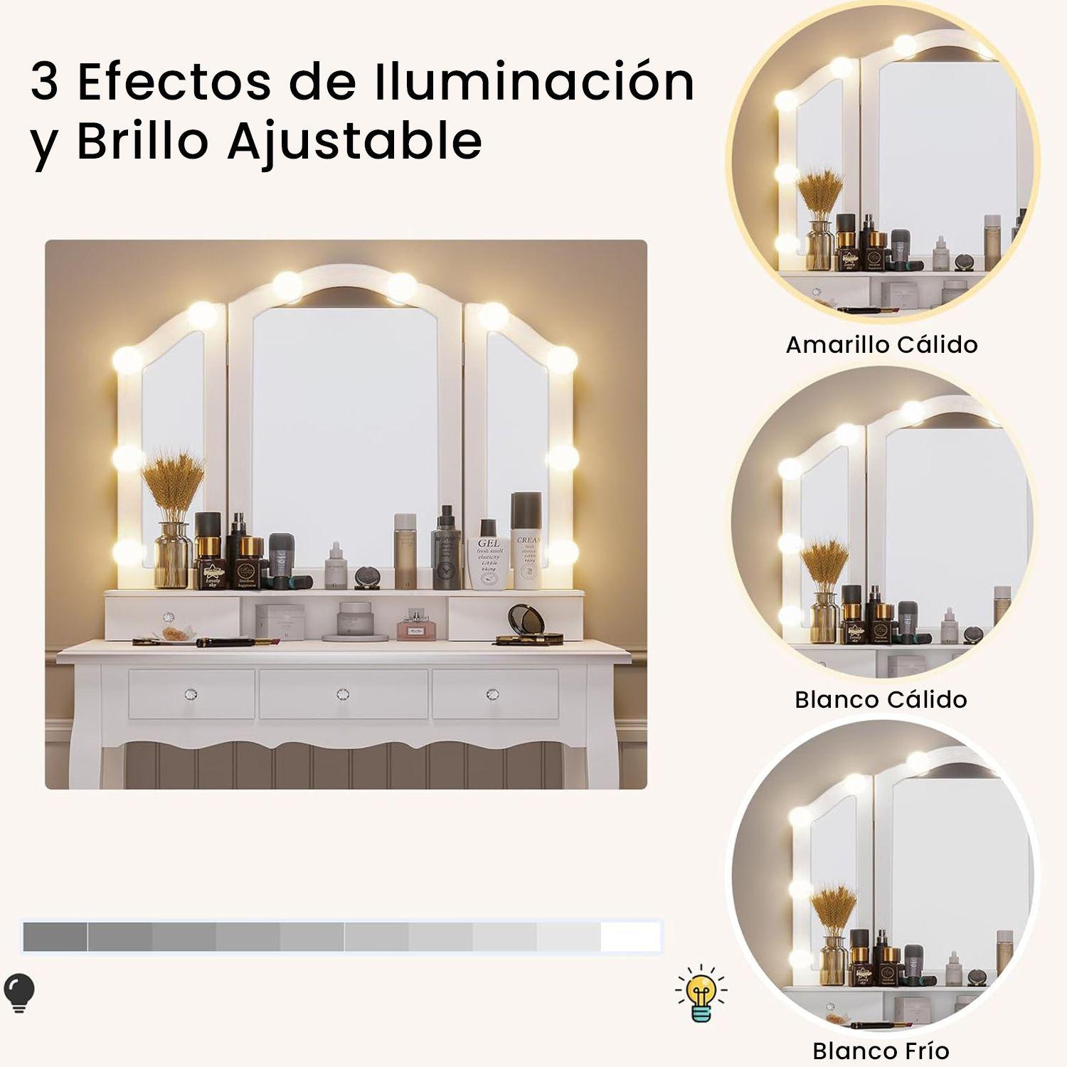 Tocador con Espejo Triptico Iluminado y Taburete Acolchado Blanco-2