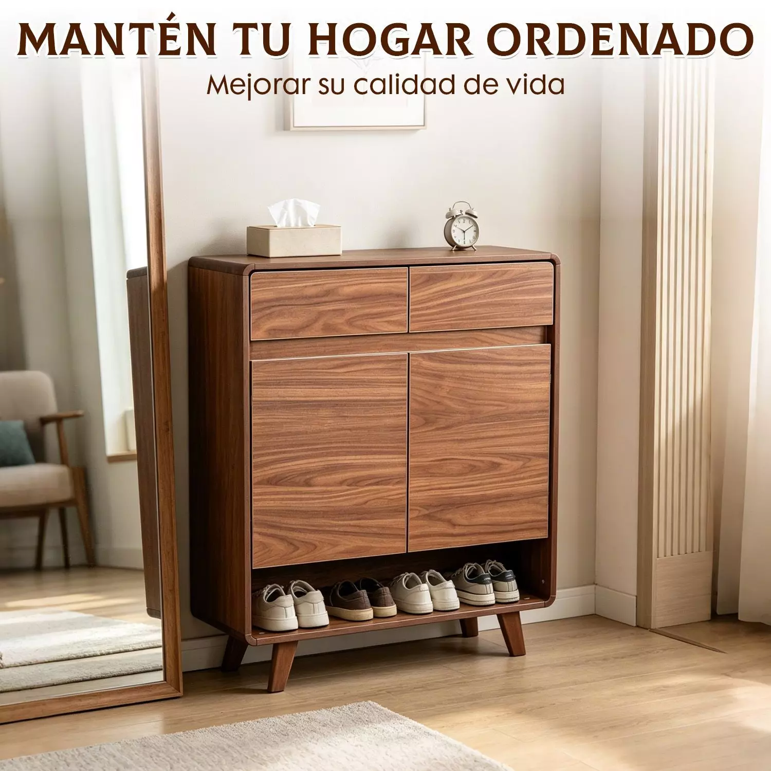 Zapatero Organizador Con 2 Puertas Y 2 Cajones 80x32x112 cm Marron-3