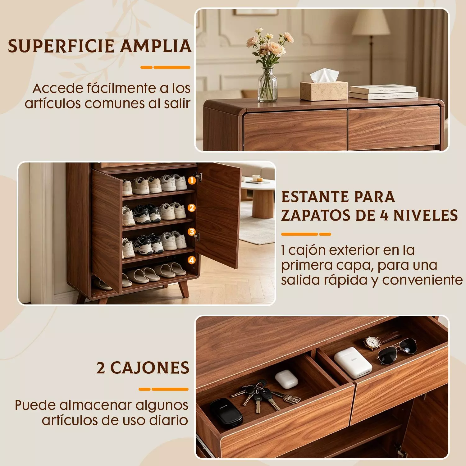 Zapatero Organizador Con 2 Puertas Y 2 Cajones 80x32x112 cm Marron-4