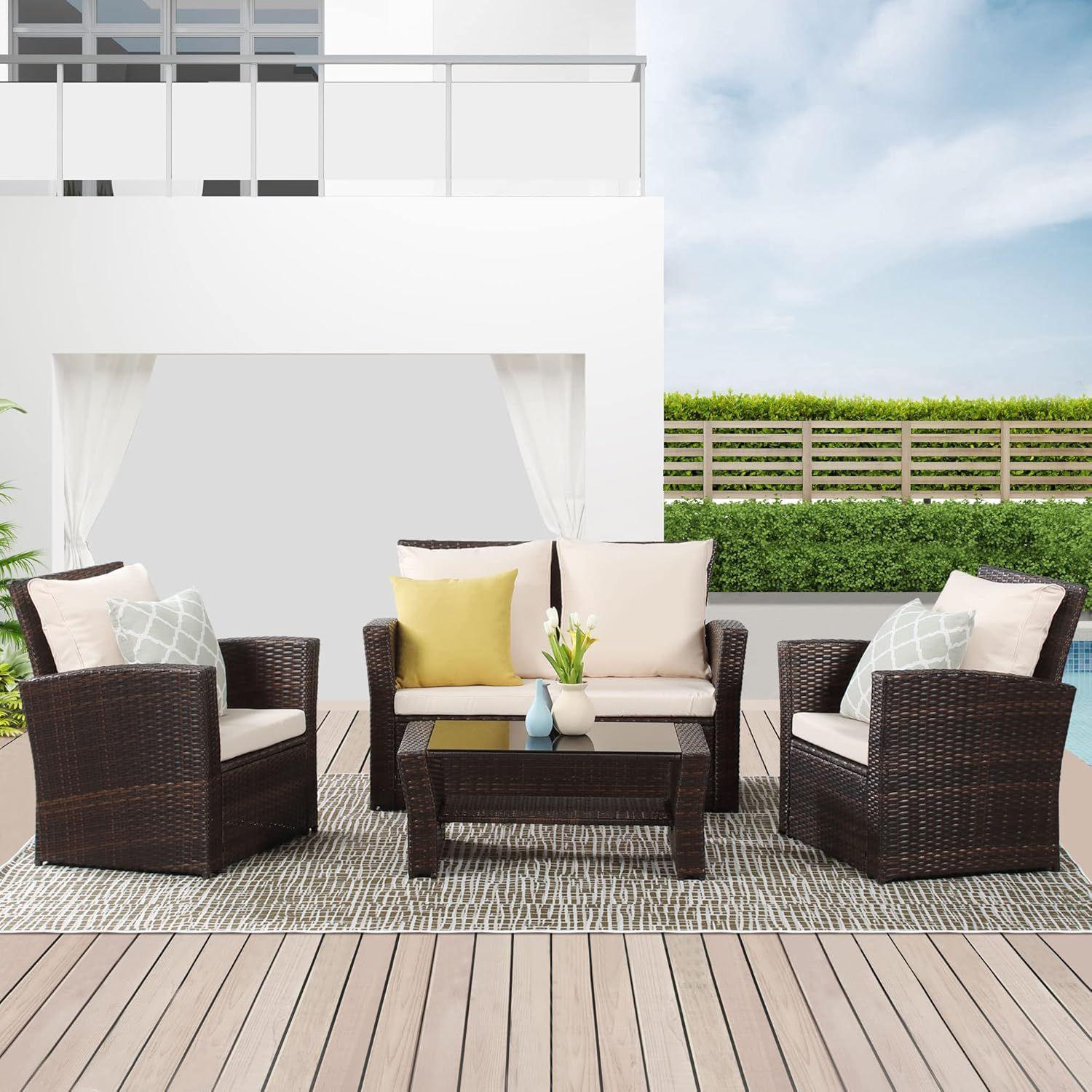 Juego de Living de Terraza 4 Personas de Rat n Sint tico Marr n-0