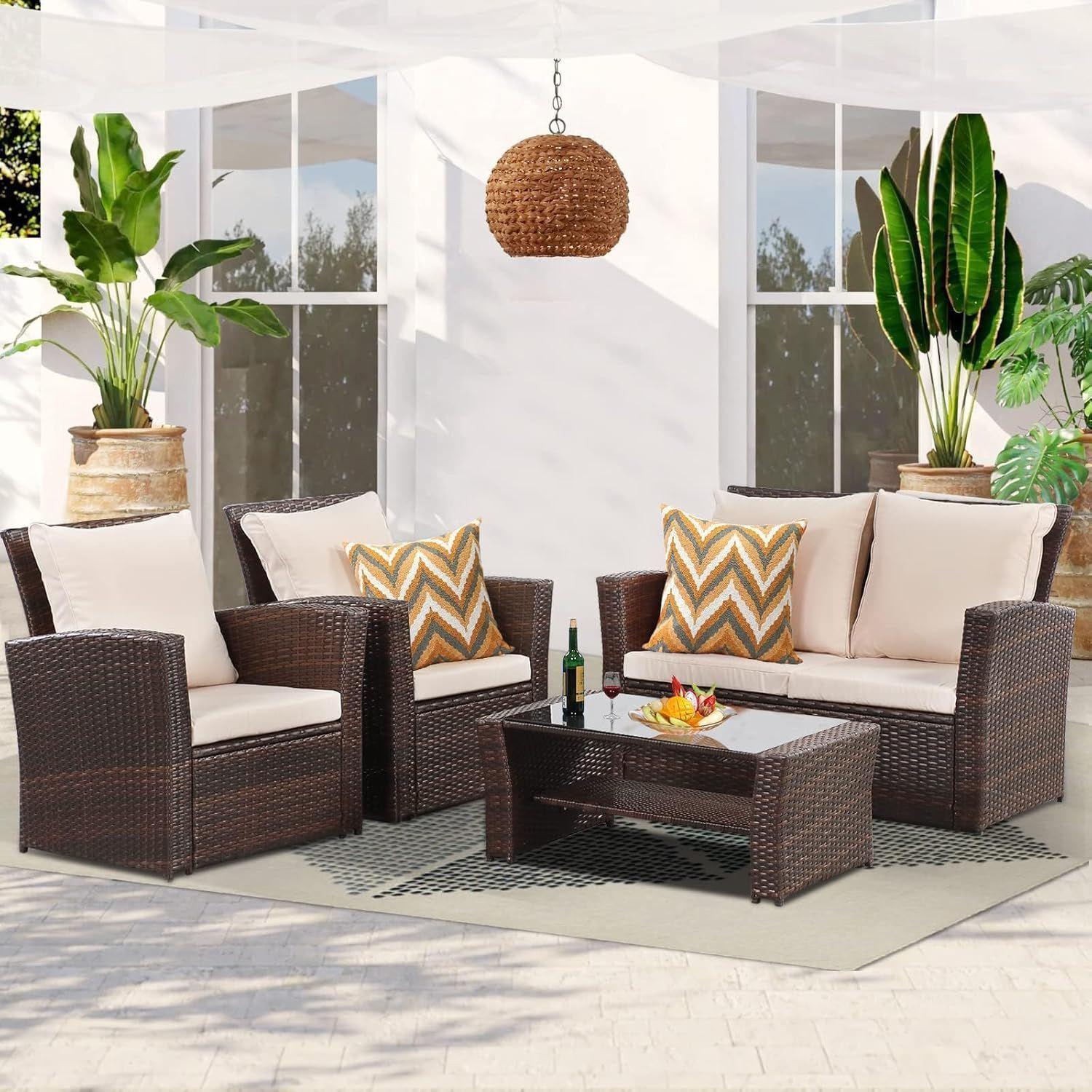 Juego de Living de Terraza 4 Personas de Rat n Sint tico Marr n-1