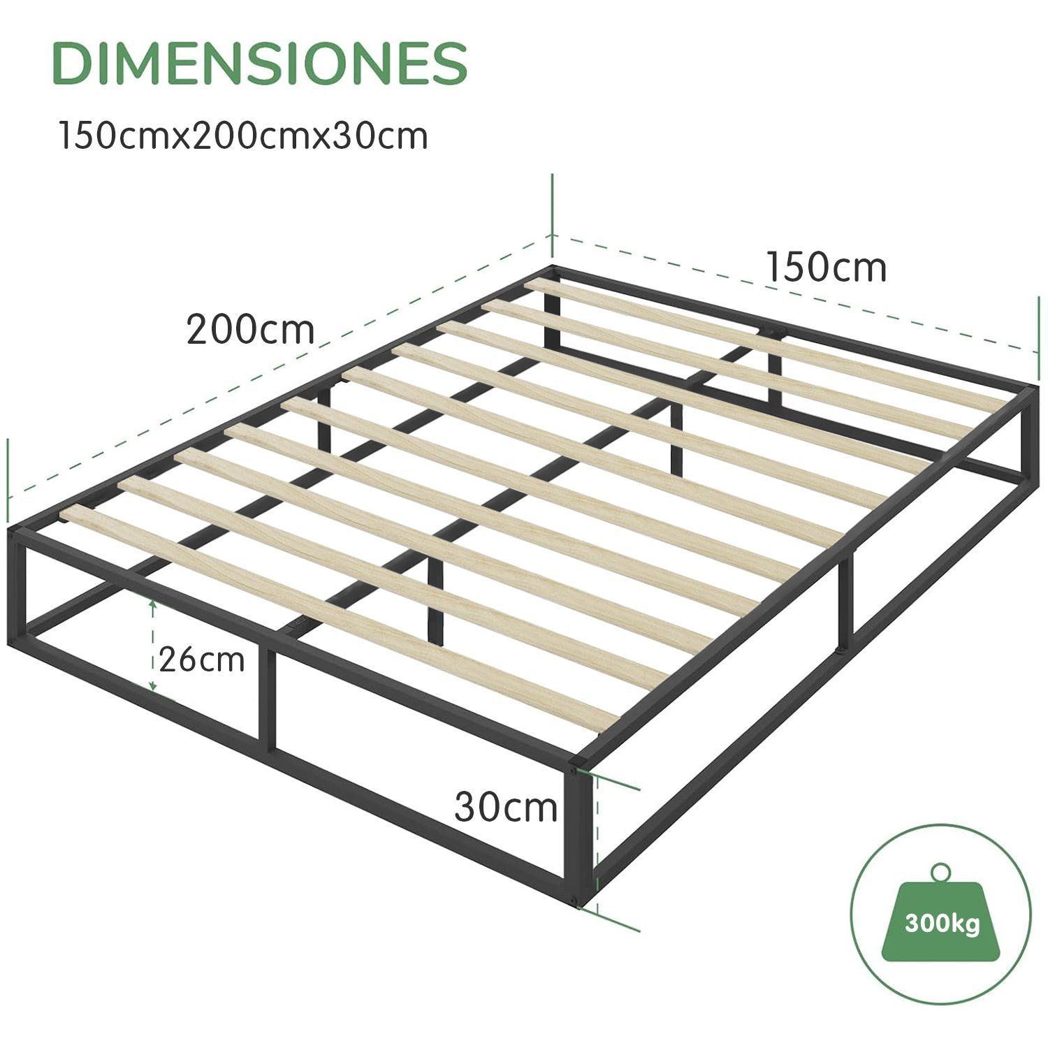 Base de Cama 2 Plazas Metalica con Listones de Madera 150x200x30 cm-7
