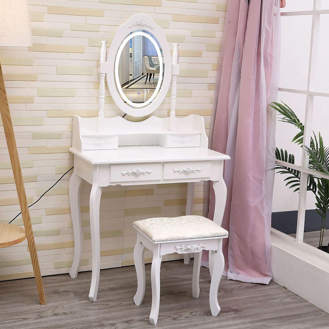 Tocador con espejo iluminado y taburete acolchado blanco-2