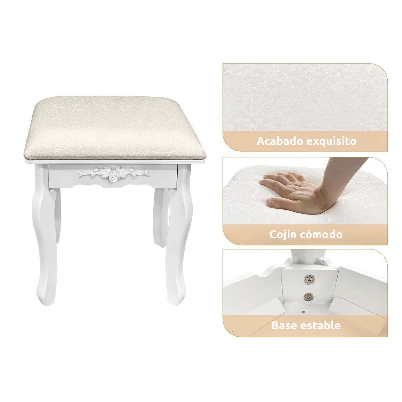 Tocador con espejo iluminado y taburete acolchado blanco-3