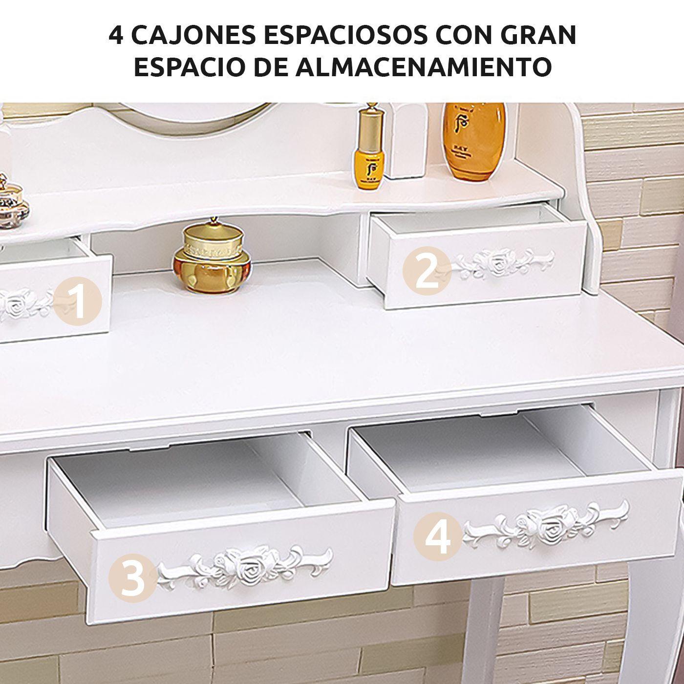 Tocador con espejo iluminado y taburete acolchado blanco-4