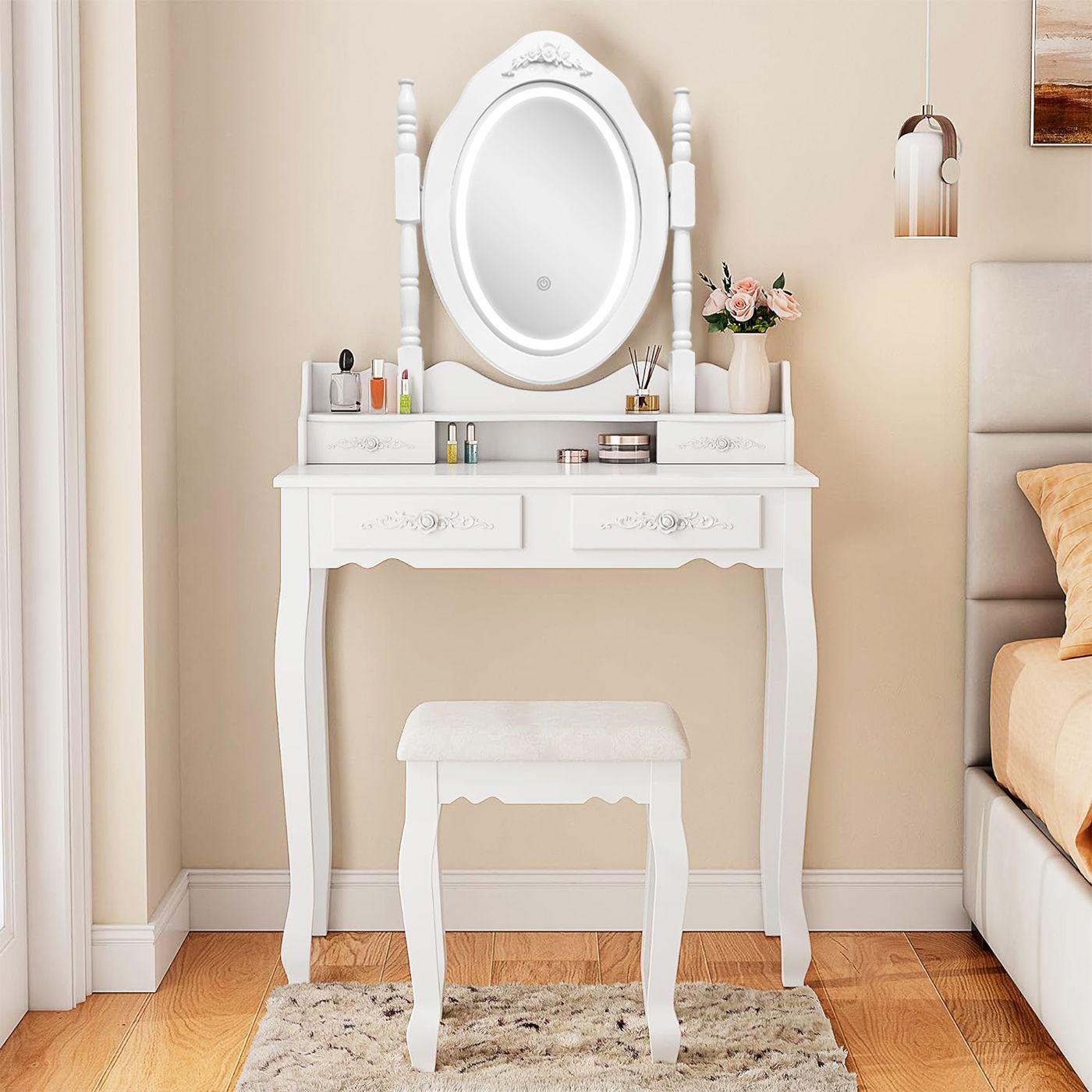 Tocador con espejo iluminado y taburete acolchado blanco-6