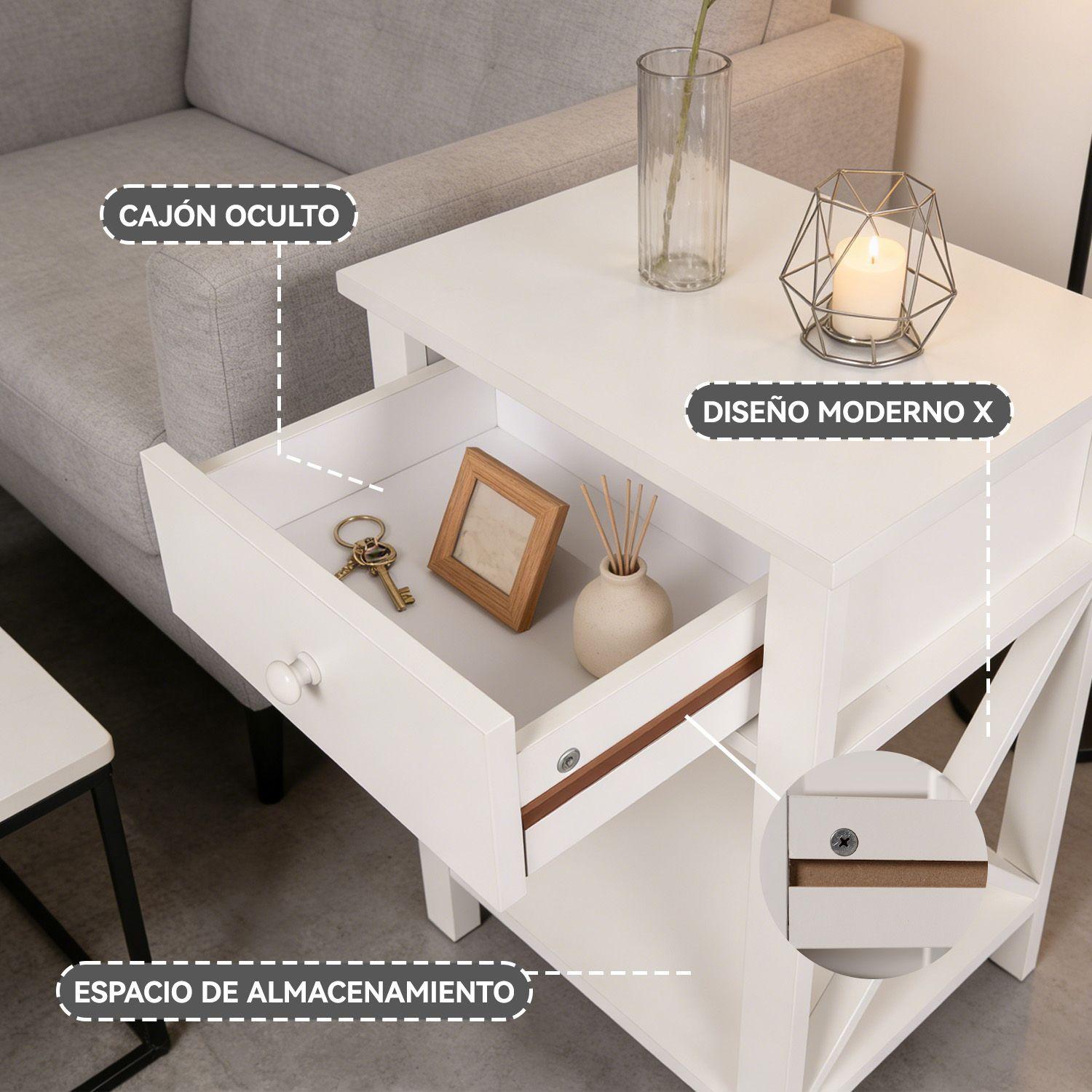 Velador 40x30x58cm Blanco 1 Cajon Industrial MDF Mesas Laterales-2