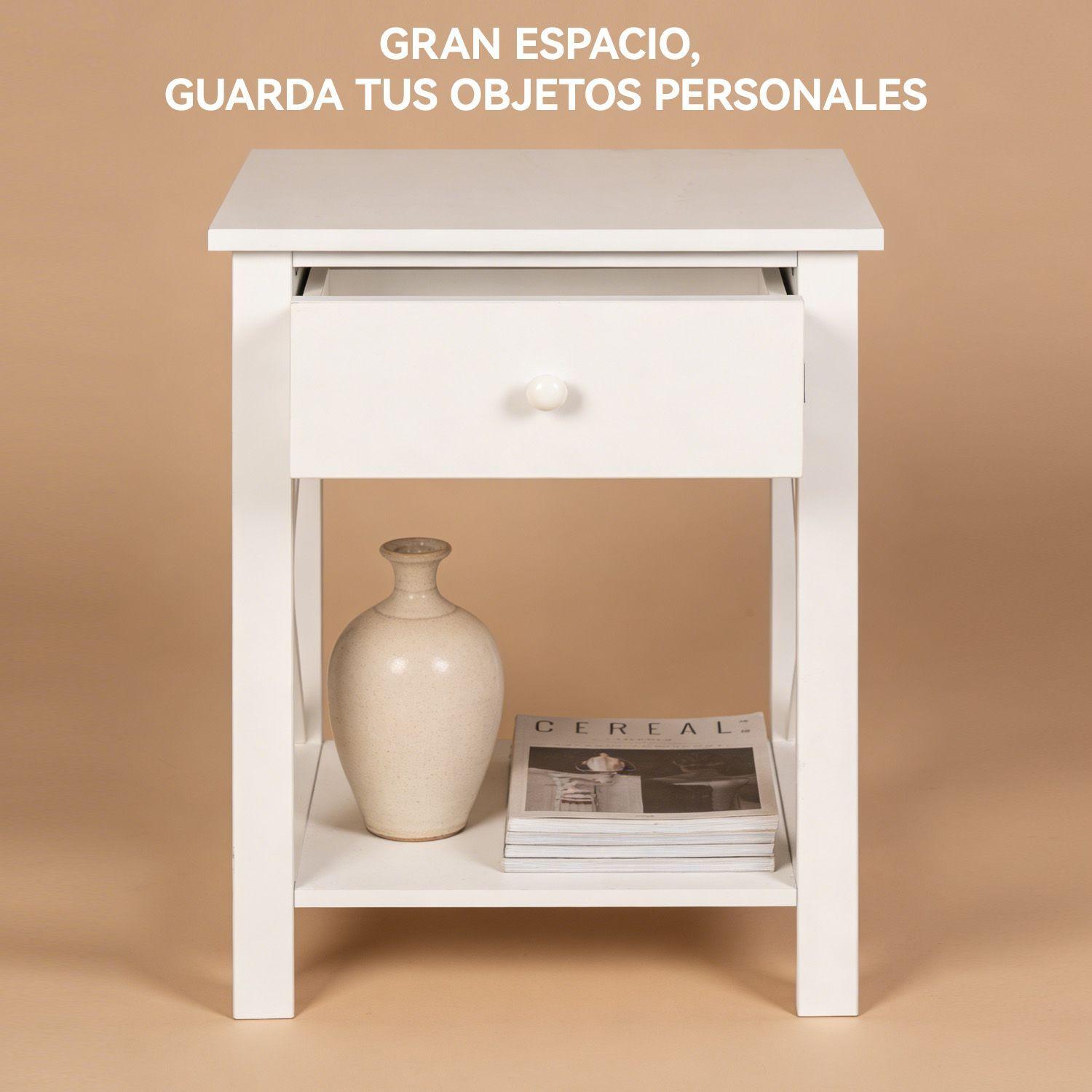 Velador 40x30x58cm Blanco 1 Cajon Industrial MDF Mesas Laterales-3