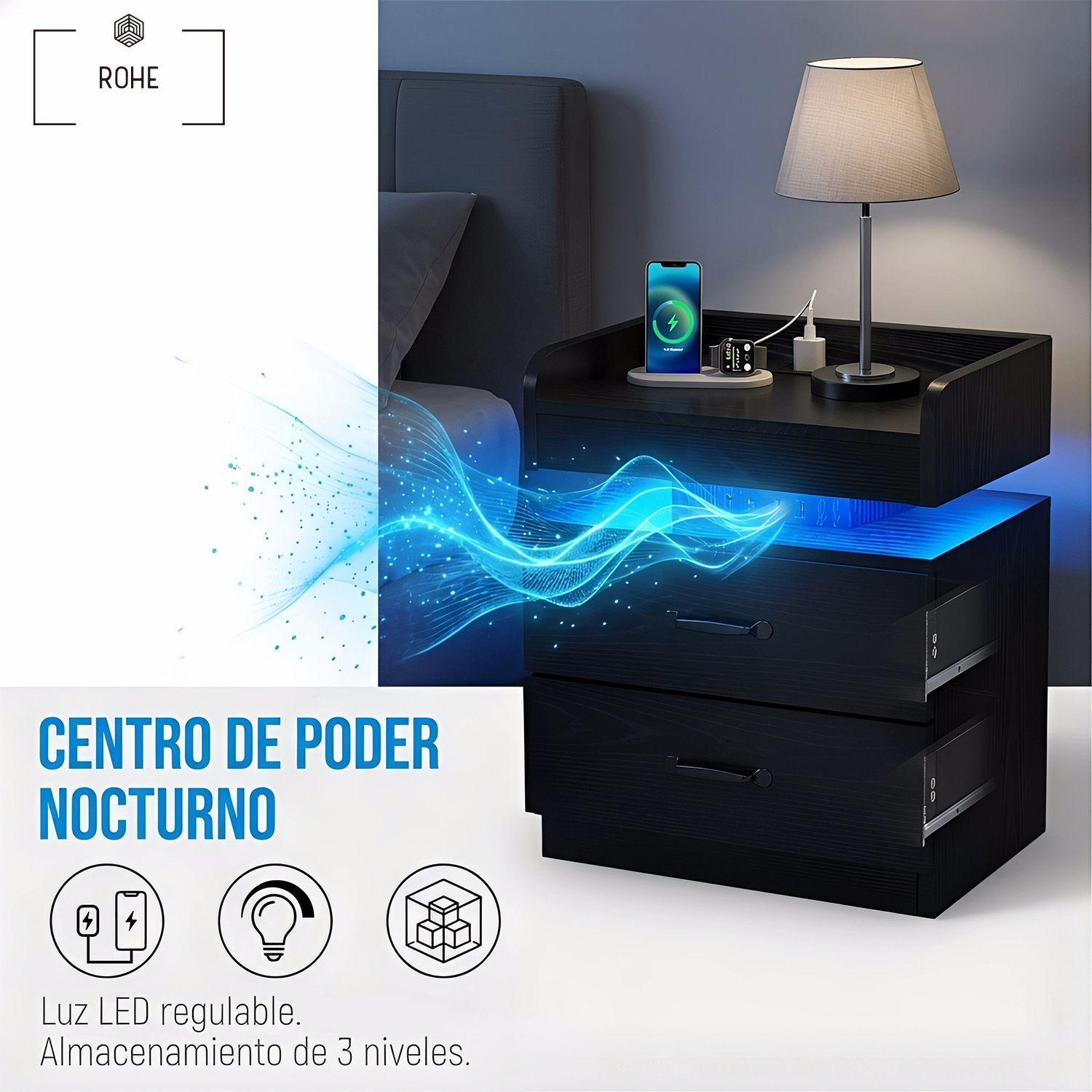 Velador Con Luz Variable Con 2 Cajones 45 35 52 cm Negro-5
