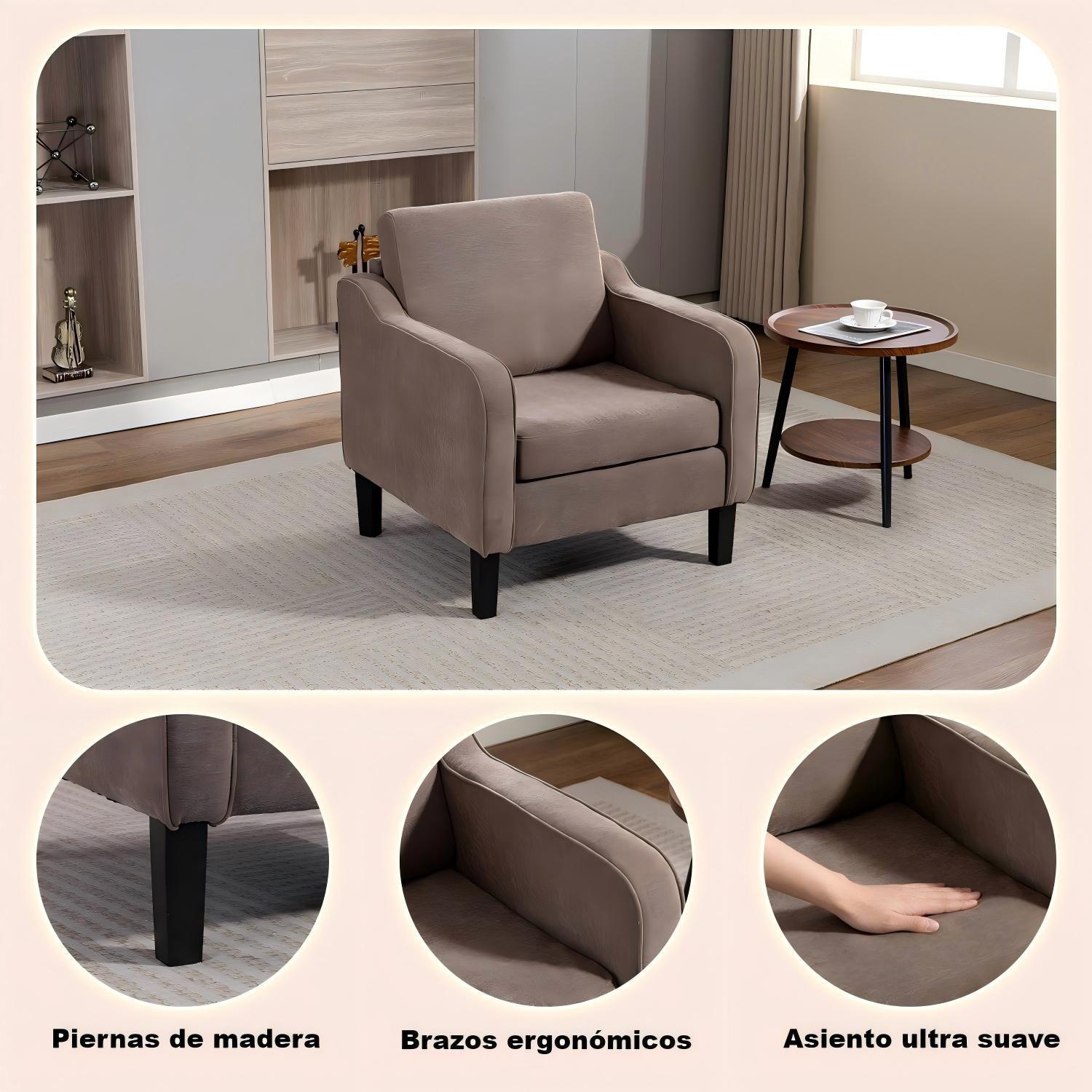 Poltrona Lyre Acolchada Moderno Marron para Living Dormitorio Chenille Estilo-4