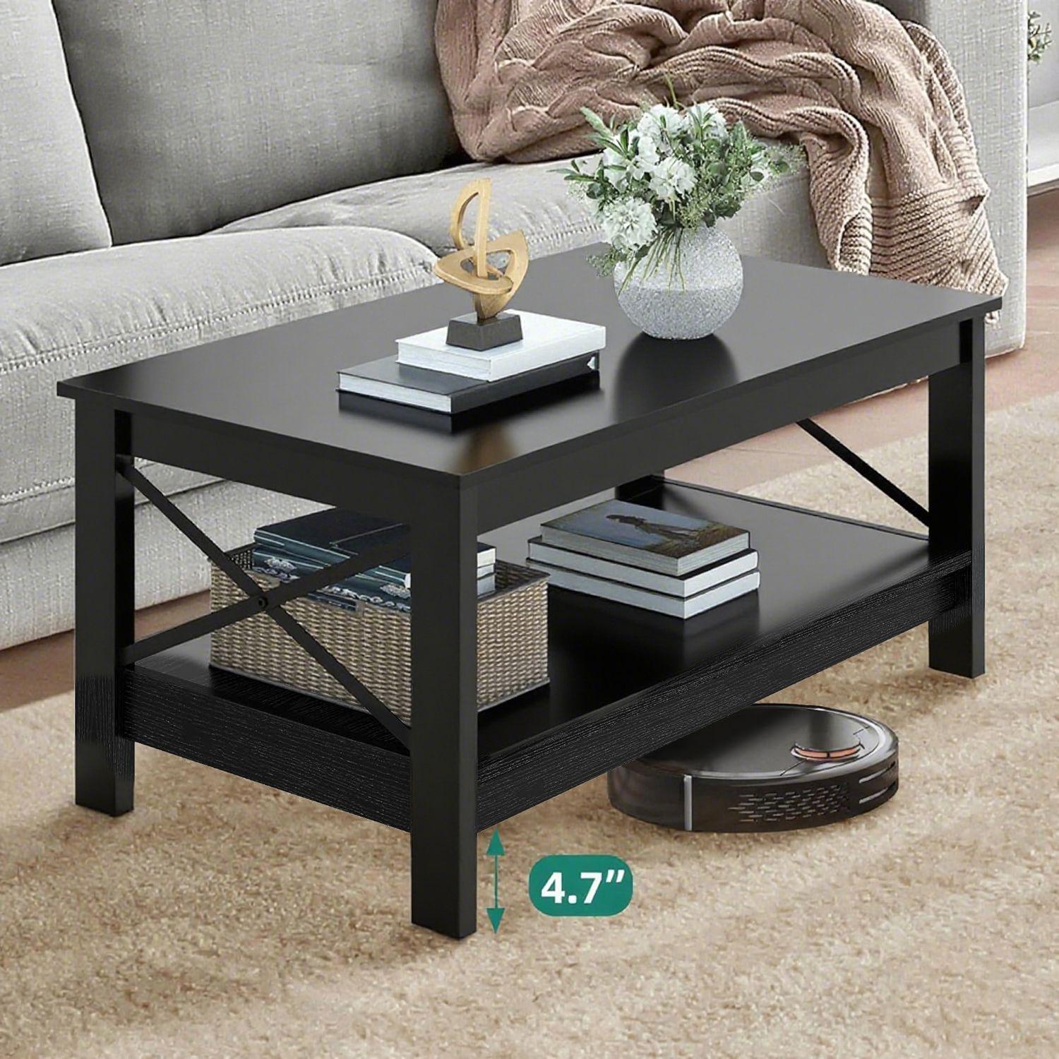Mesa De Centro Rectangular Estilo R stico de 2 Niveles Negro-3