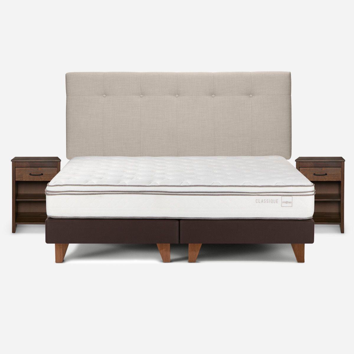 Cama Europea Classique+ 2 Plazas +Respaldo+Veladores Natural-0