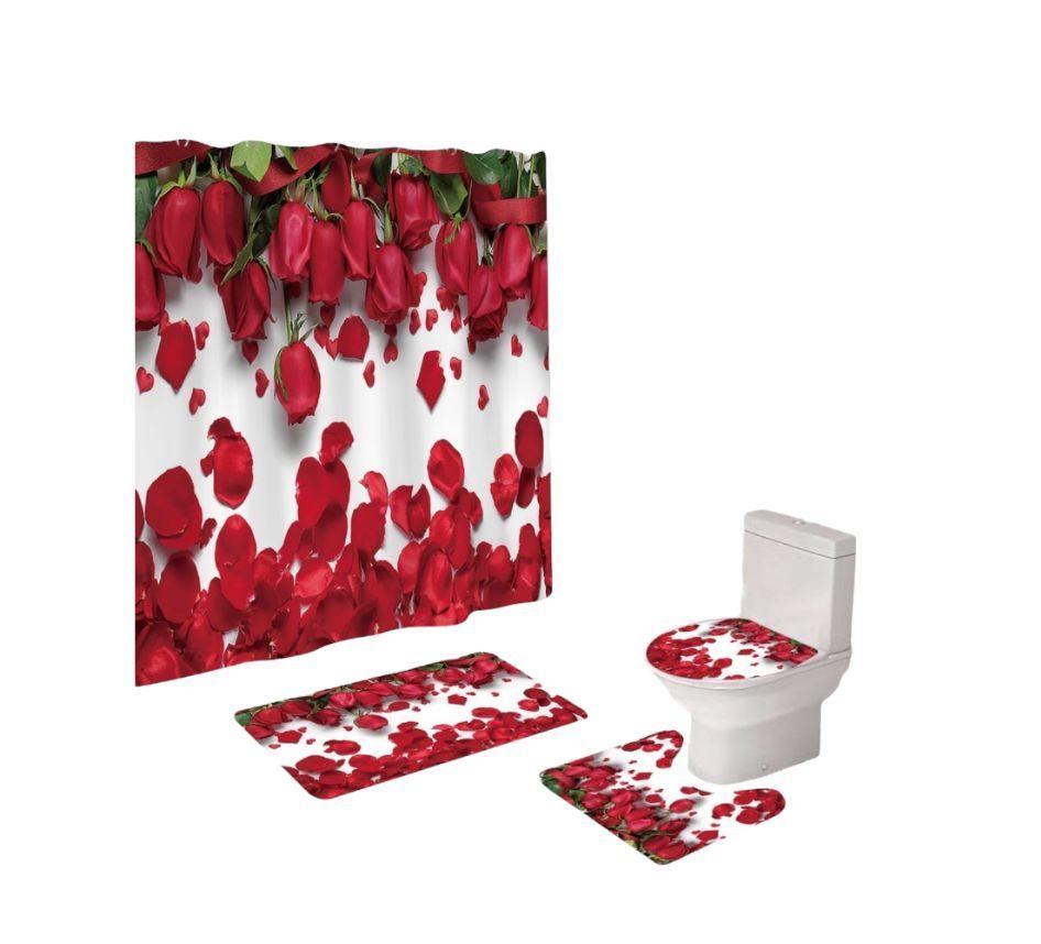 < Juego De Baño Set 4 Piezas Cortina Alfombra Cubre Inodoro >-0