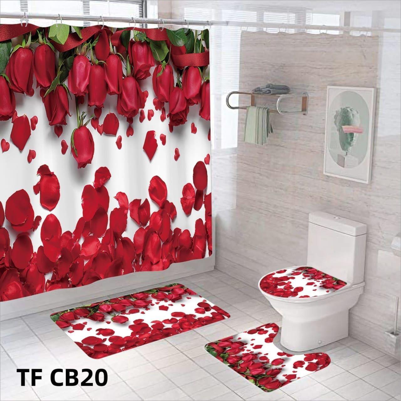 < Juego De Baño Set 4 Piezas Cortina Alfombra Cubre Inodoro >-1