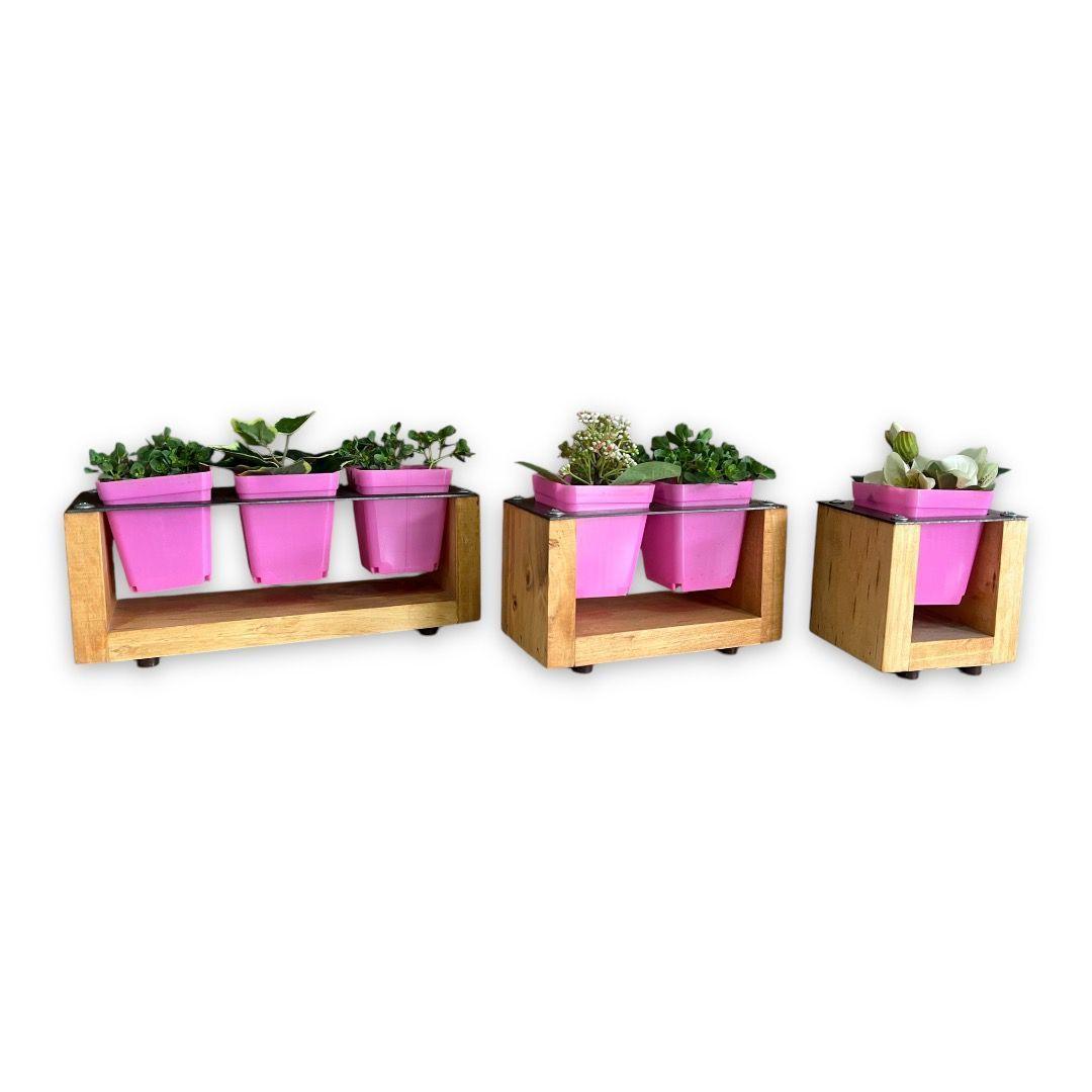 Pack de 3 porta maceteros en madera y fierro para suculentas-2