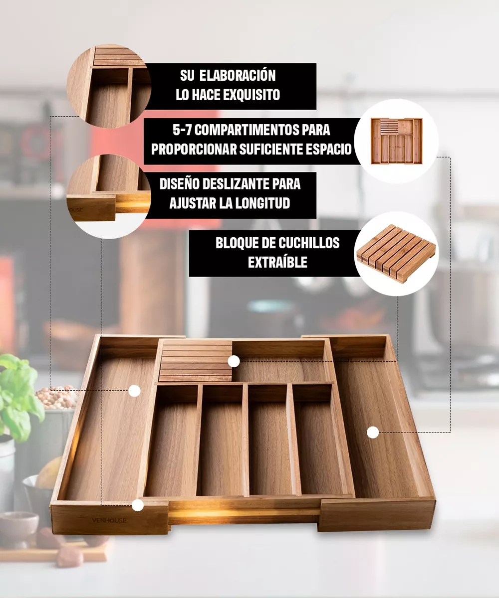 Organizador De Cubiertos Acacia Ajustable 7 Compartimientos-7