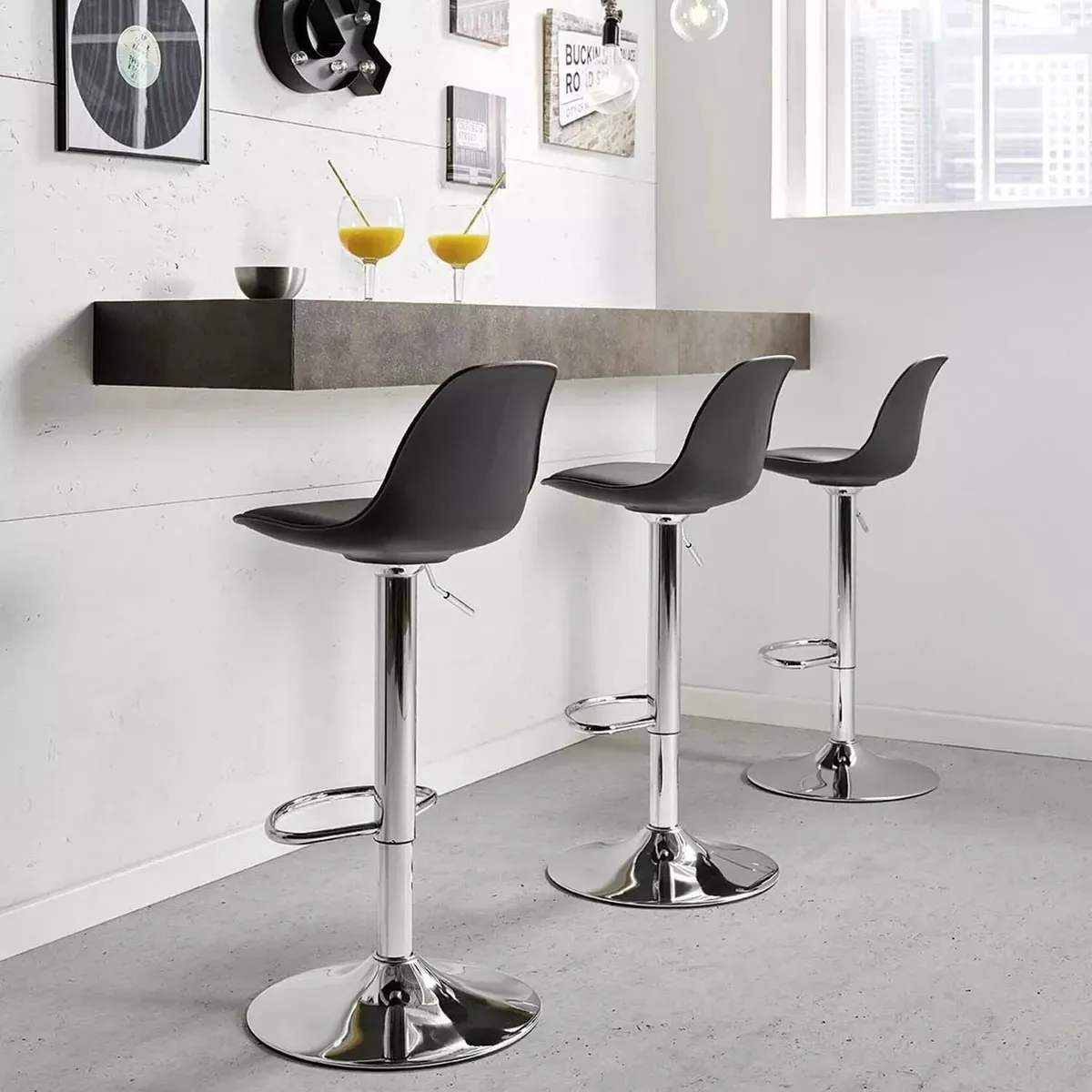 Pack 2 Pisos y sillas bar MKP Eames Base Cromada para Cocina o Bar Negro-3