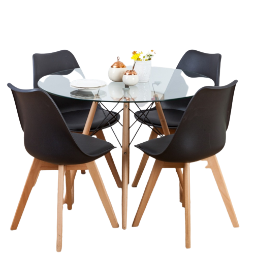 Comedor Mesa Eames Redonda De Vidrio 80cm Y 4 Sillas Tulip Negras-0