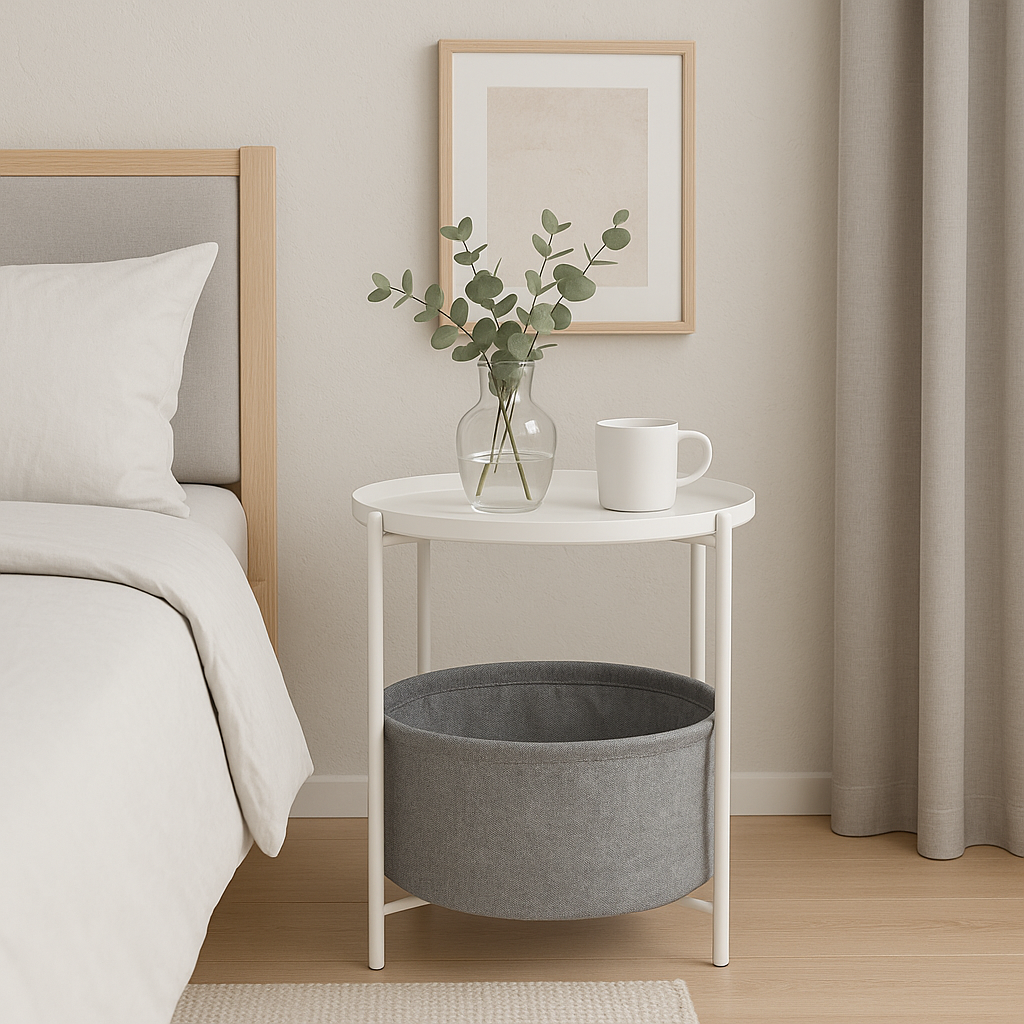 Mesa Lateral Auxiliar 2 Niveles con Cesta 42x42x52cm Blanco-2