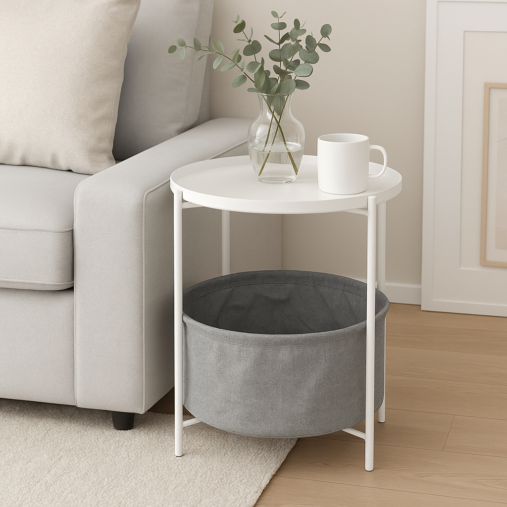 Mesa Lateral Auxiliar 2 Niveles con Cesta 42x42x52cm Blanco-3