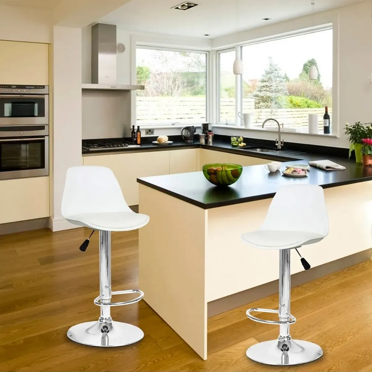 Pack 2 Pisos y sillas bar MKP Eames Base Cromada para Cocina o Bar Blanco-5