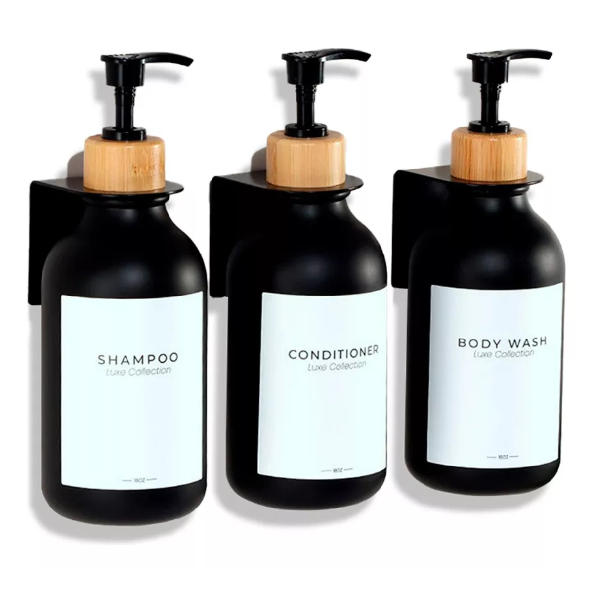 Dispensador Triple De Bambu Jabon Shampoo Acondicionador Negro-0