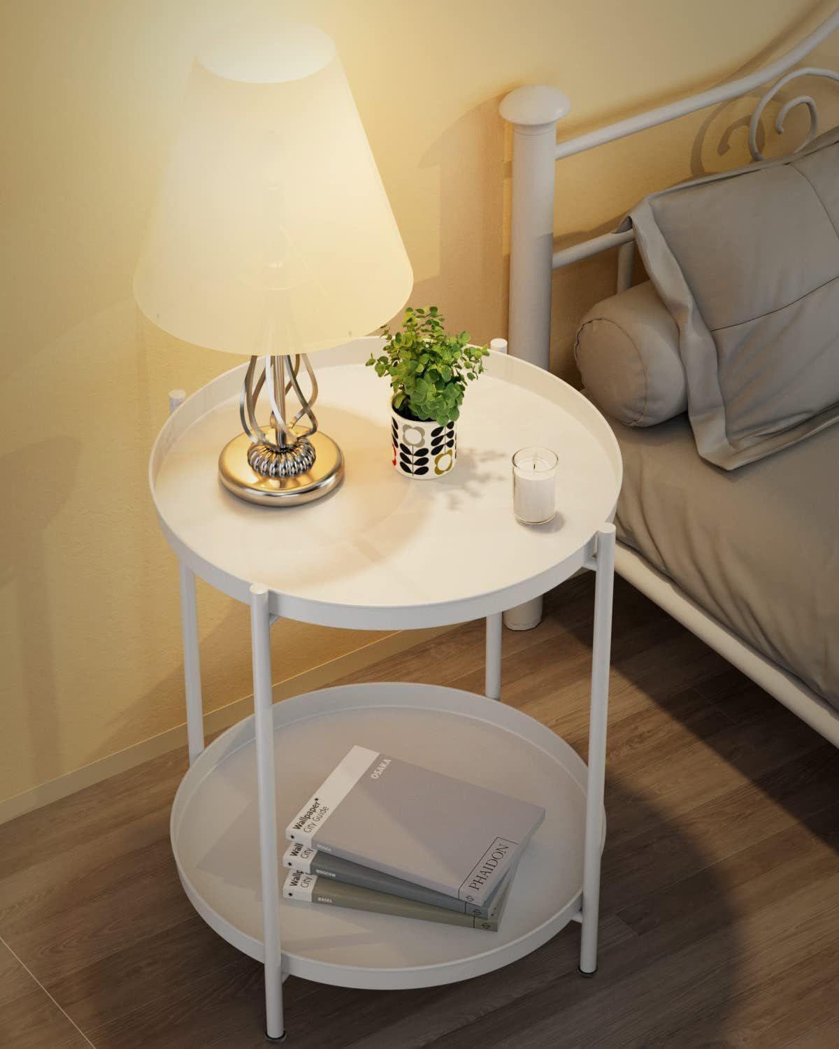 Mesa Lateral Auxiliar 2 Niveles Metalica 42x42x52cm Blanco-3