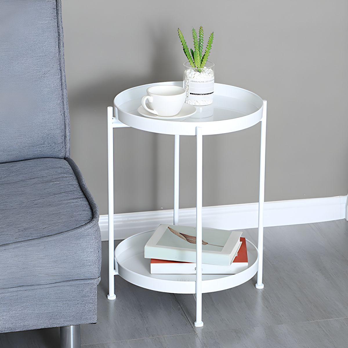 Mesa Lateral Auxiliar 2 Niveles Metalica 42x42x52cm Blanco-4