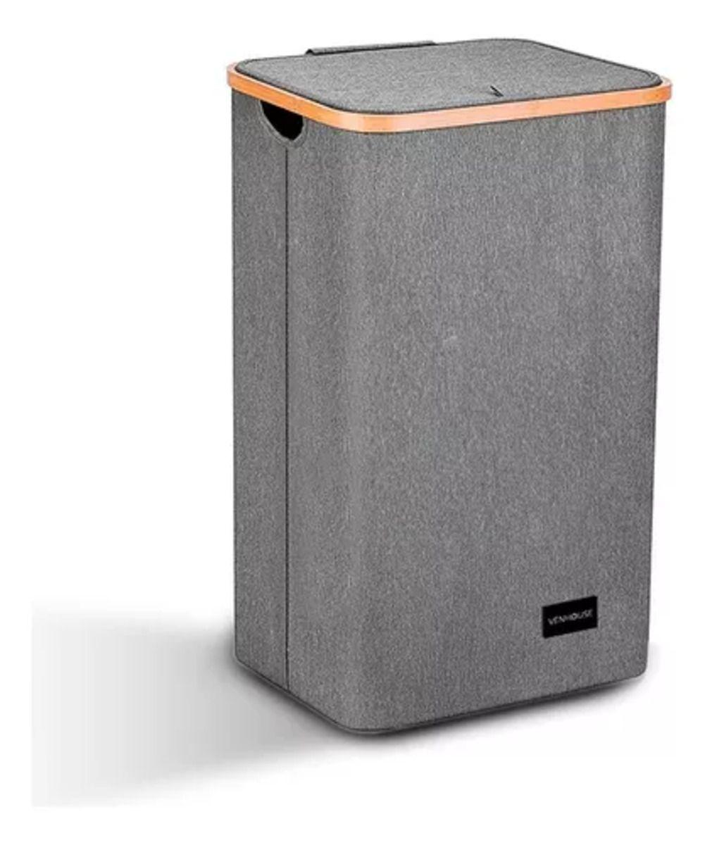 Canasto Cesta Ropa Sucia Plegable Borde Bambú 100l Gris-0