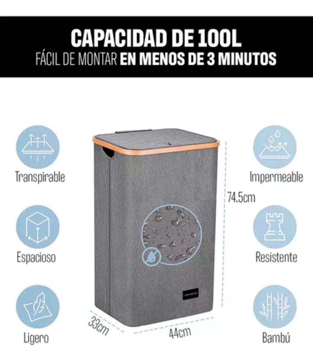 Canasto Cesta Ropa Sucia Plegable Borde Bambú 100l Gris-2