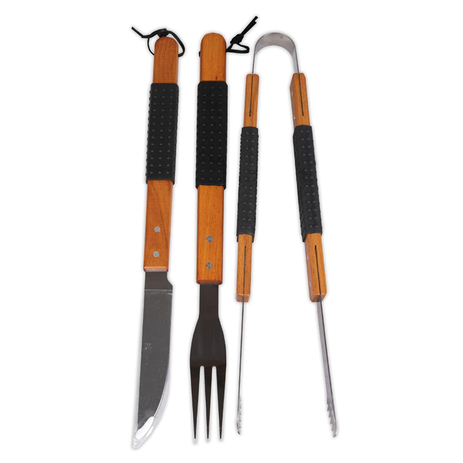 Set Parrillero 3 Piezas Inoxidable Con Mango De Madera - SC-0