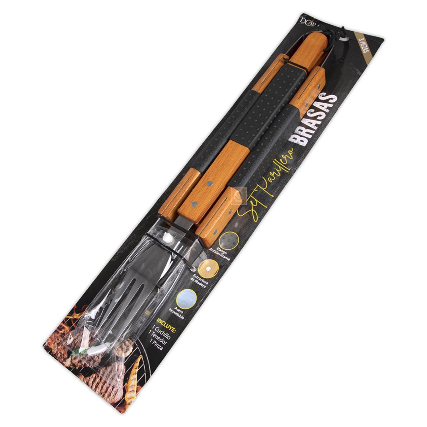 Set Parrillero 3 Piezas Inoxidable Con Mango De Madera - SC-1