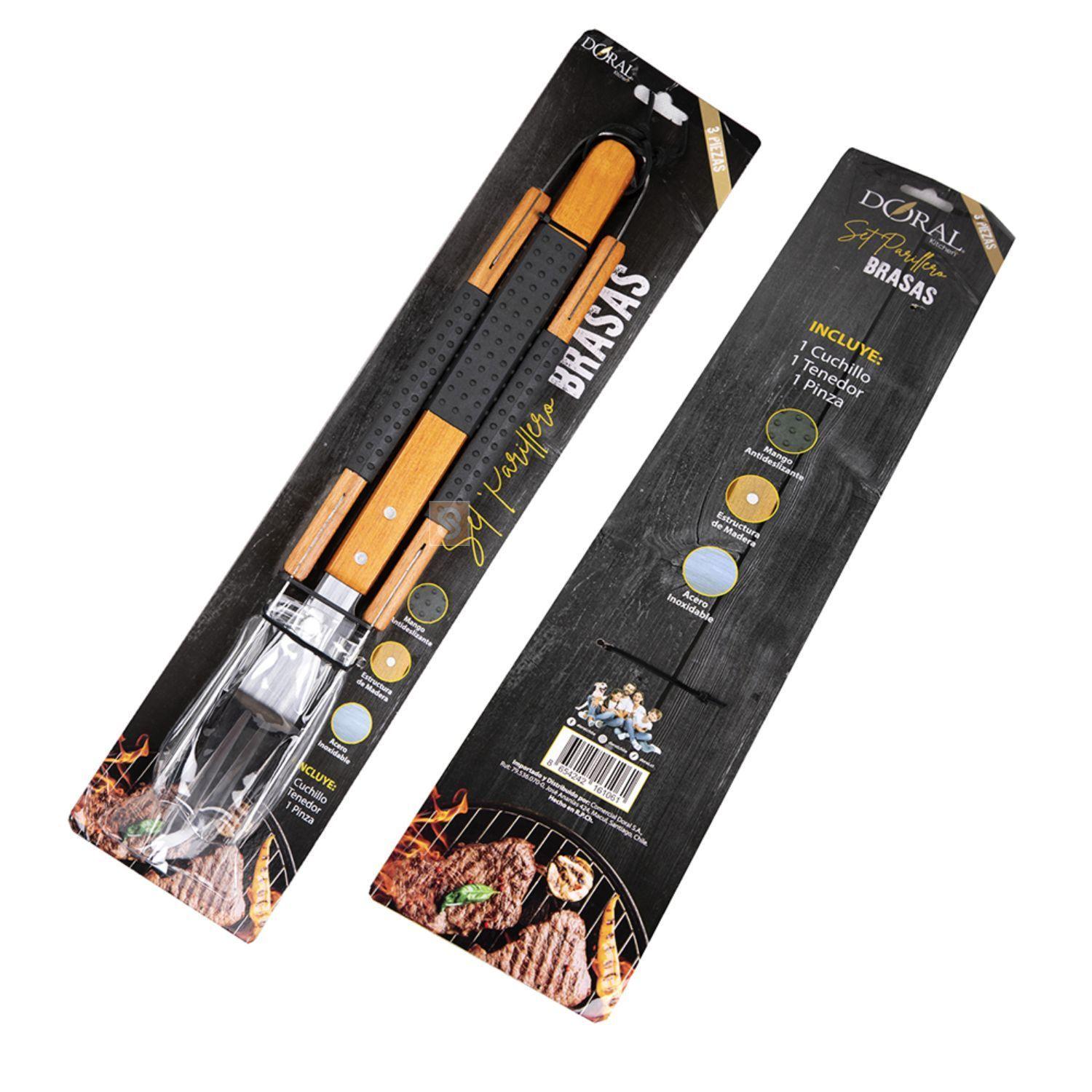 Set Parrillero 3 Piezas Inoxidable Con Mango De Madera - SC-2