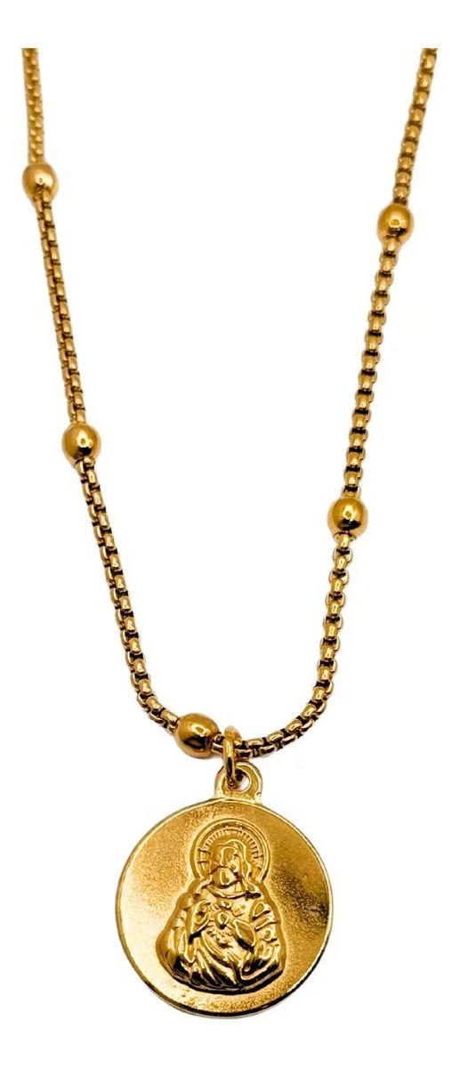 Collar Sagrado Corazón En Acero Inoxidable Puntitos, Regalo Dorado-0