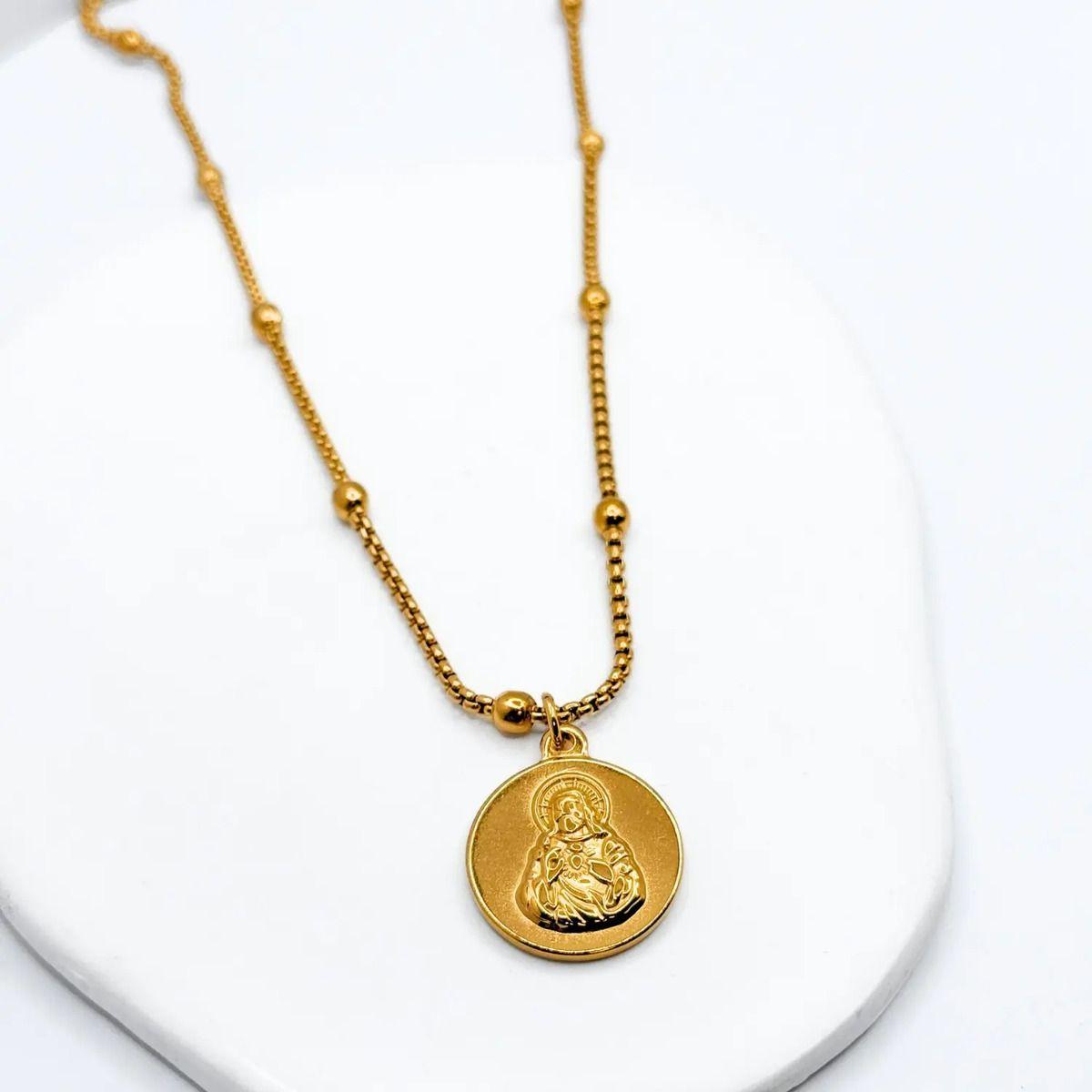 Collar Sagrado Corazón En Acero Inoxidable Puntitos, Regalo Dorado-1