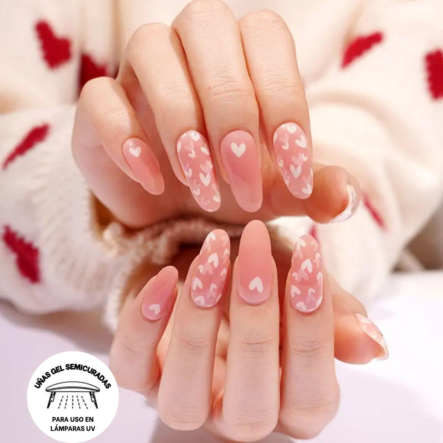 Uñas Gel Semi Curado Manicure - Corazones Rosados-2