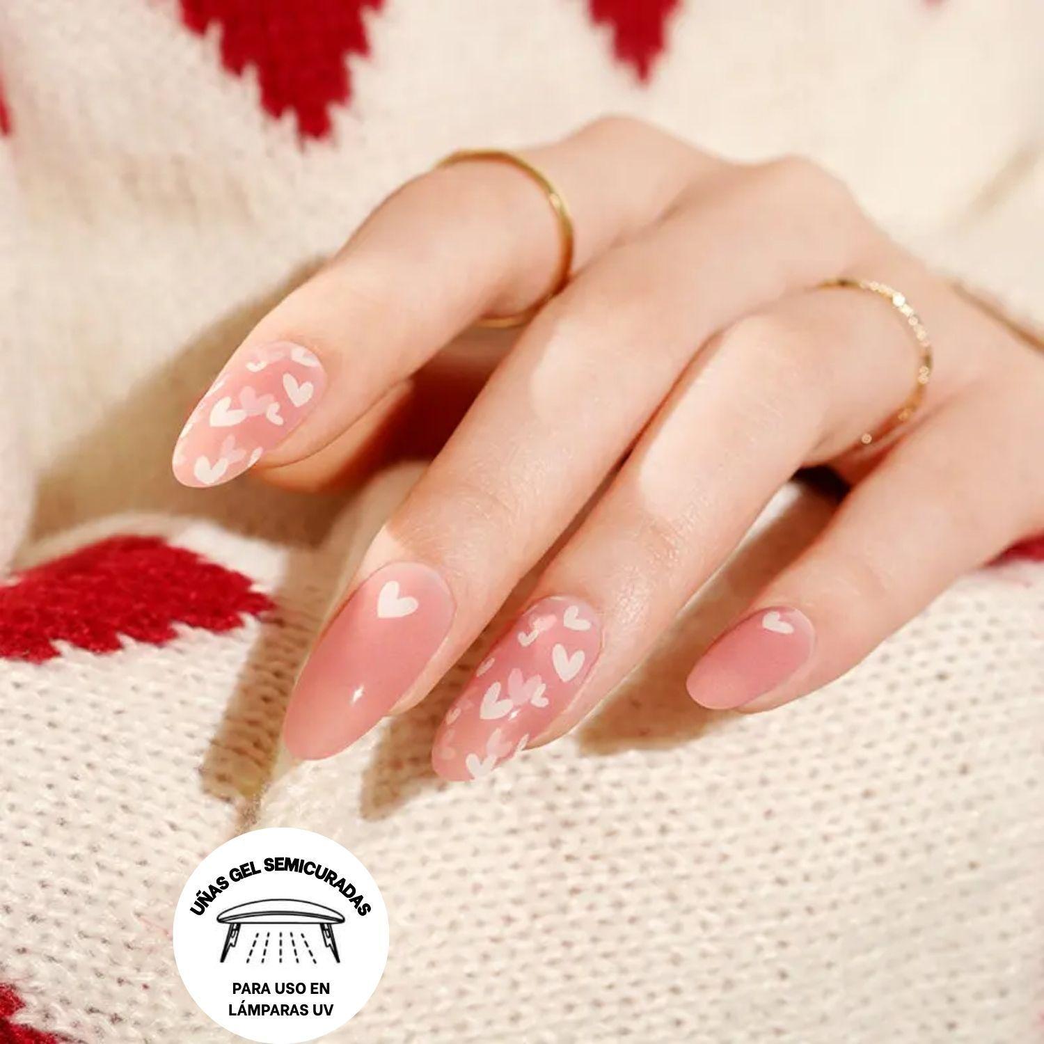 Uñas Gel Semi Curado Manicure - Corazones Rosados-3