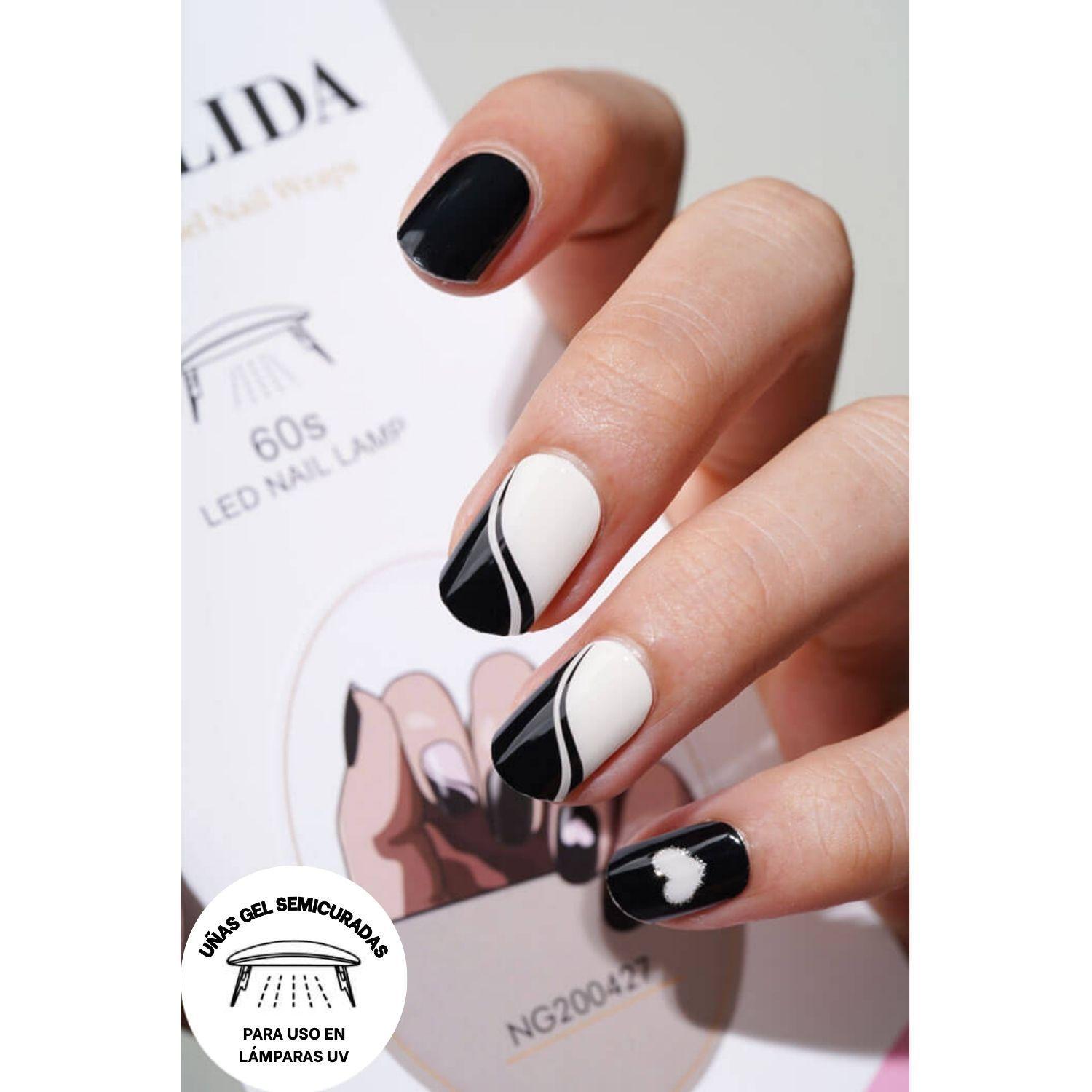 Uñas Gel Semi Curado Manicure - Blanco, Negro y Corazones-2
