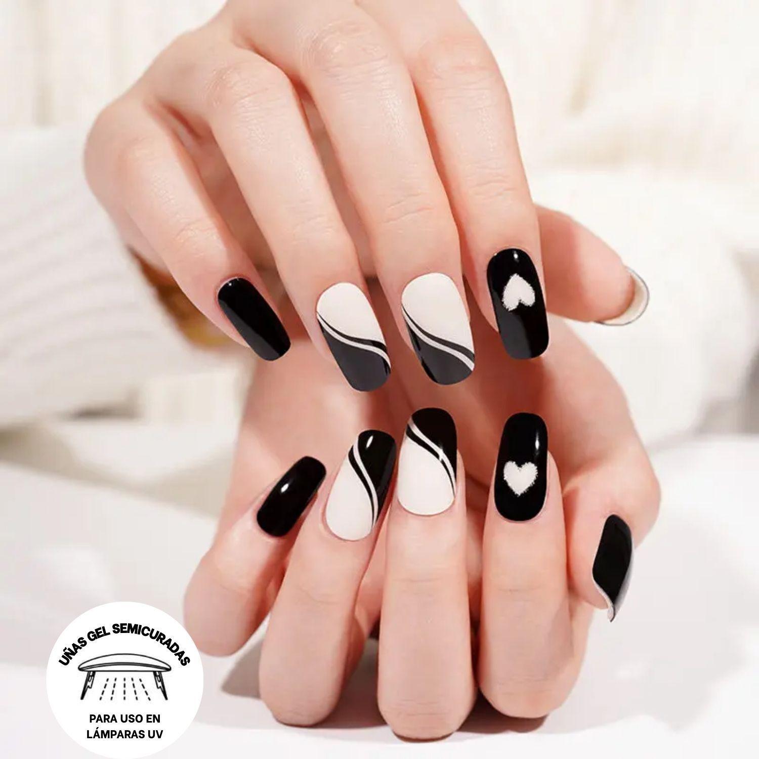 Uñas Gel Semi Curado Manicure - Blanco, Negro y Corazones-3