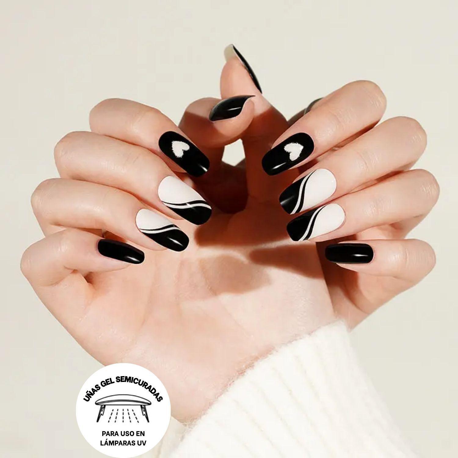Uñas Gel Semi Curado Manicure - Blanco, Negro y Corazones-4
