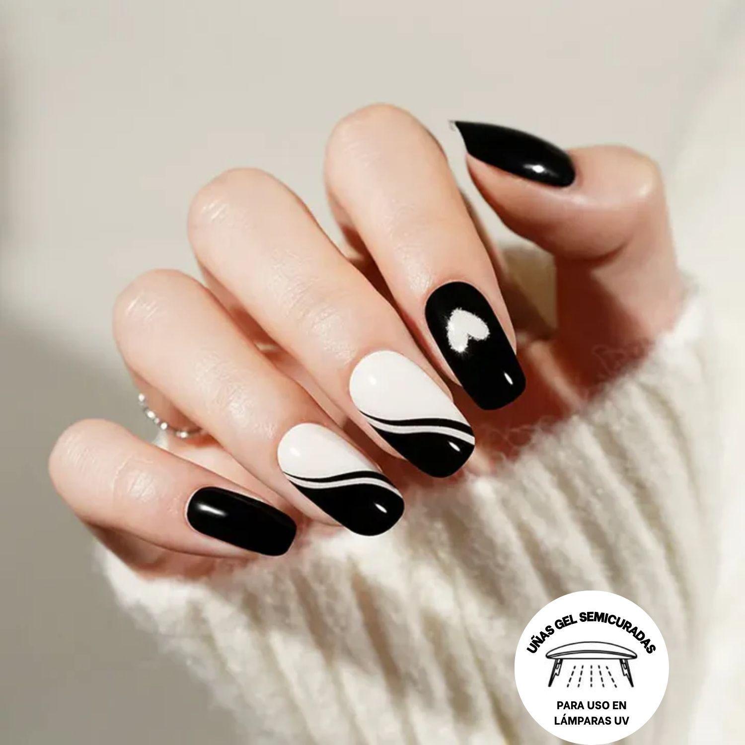 Uñas Gel Semi Curado Manicure - Blanco, Negro y Corazones-5