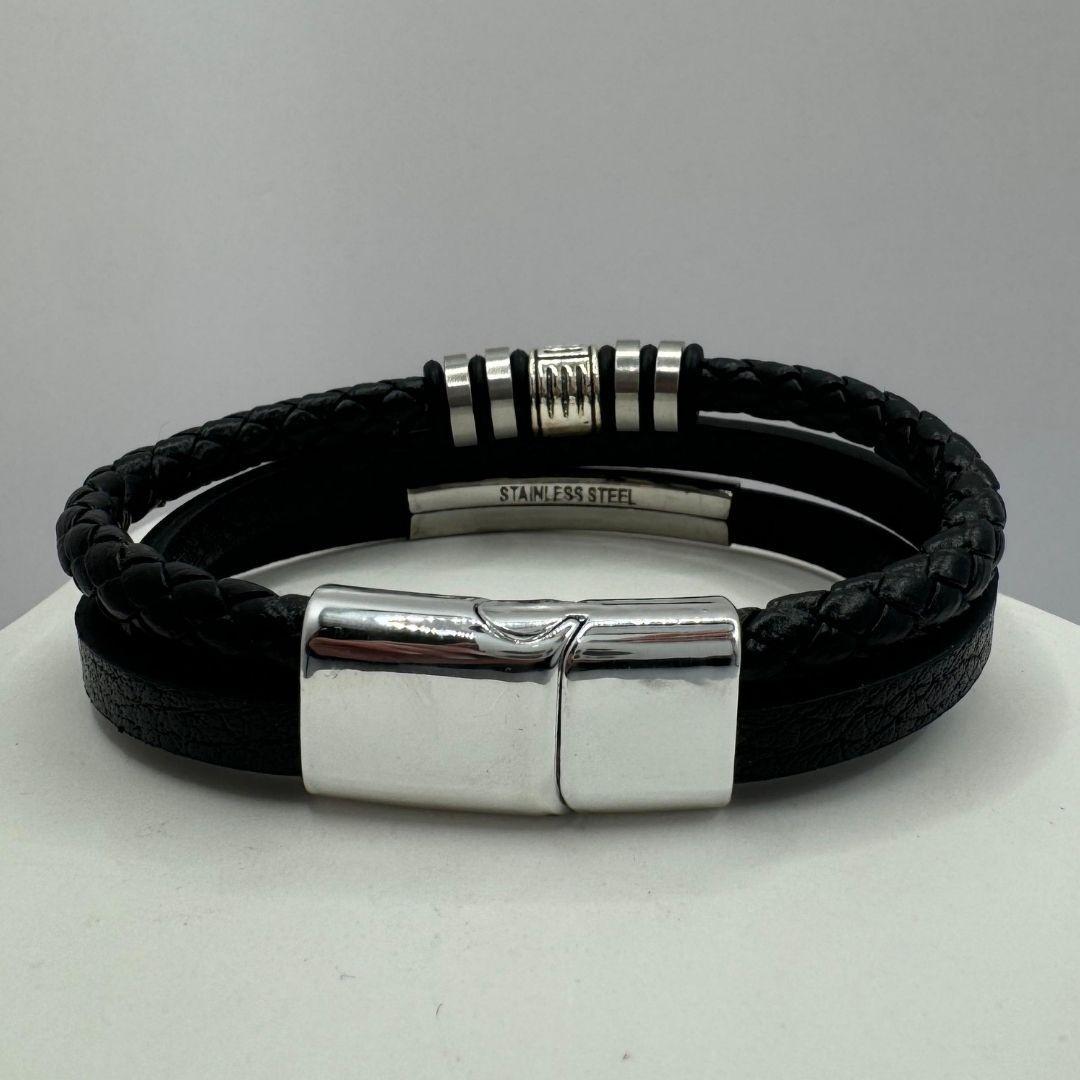 Pulsera Triple, Ecocuero Negro Y Acero Inoxidable, Hombre-2
