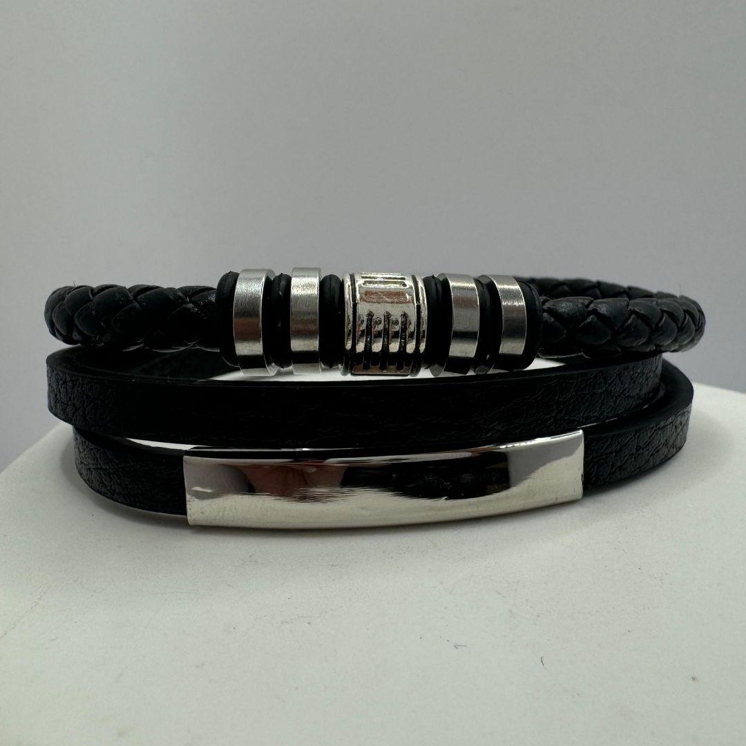 Pulsera Triple, Ecocuero Negro Y Acero Inoxidable, Hombre-3