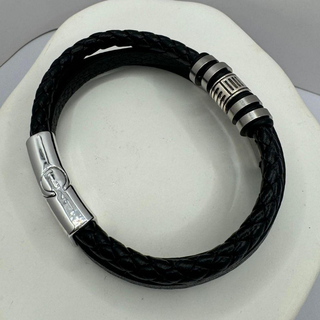 Pulsera Triple, Ecocuero Negro Y Acero Inoxidable, Hombre-6