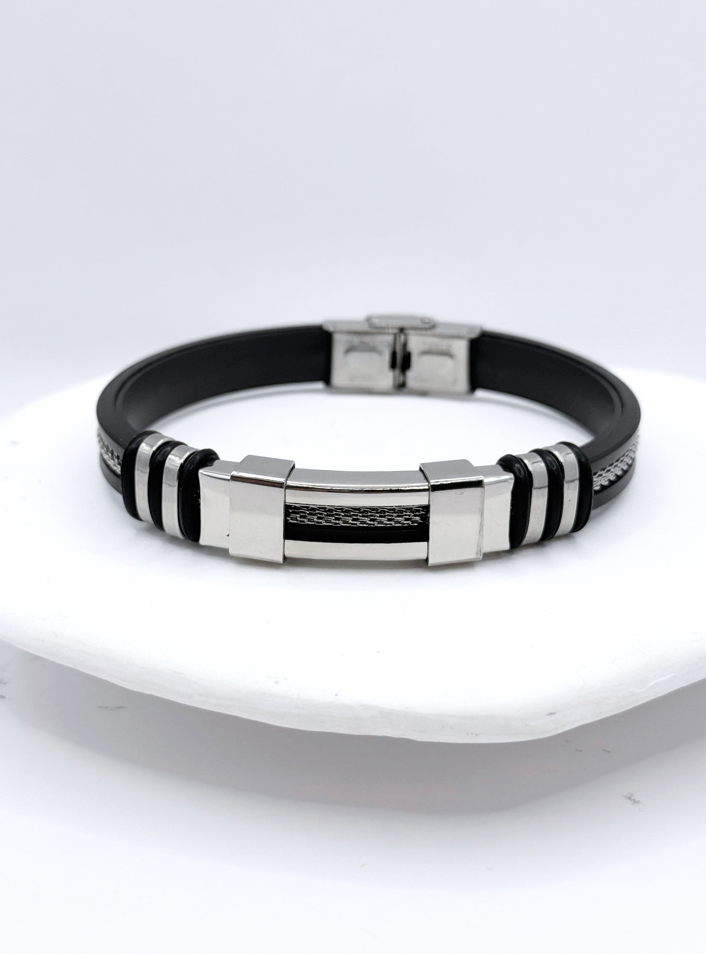 Pulsera Silicona Negra Y Acero Inoxidable, Regalo Hombre-3