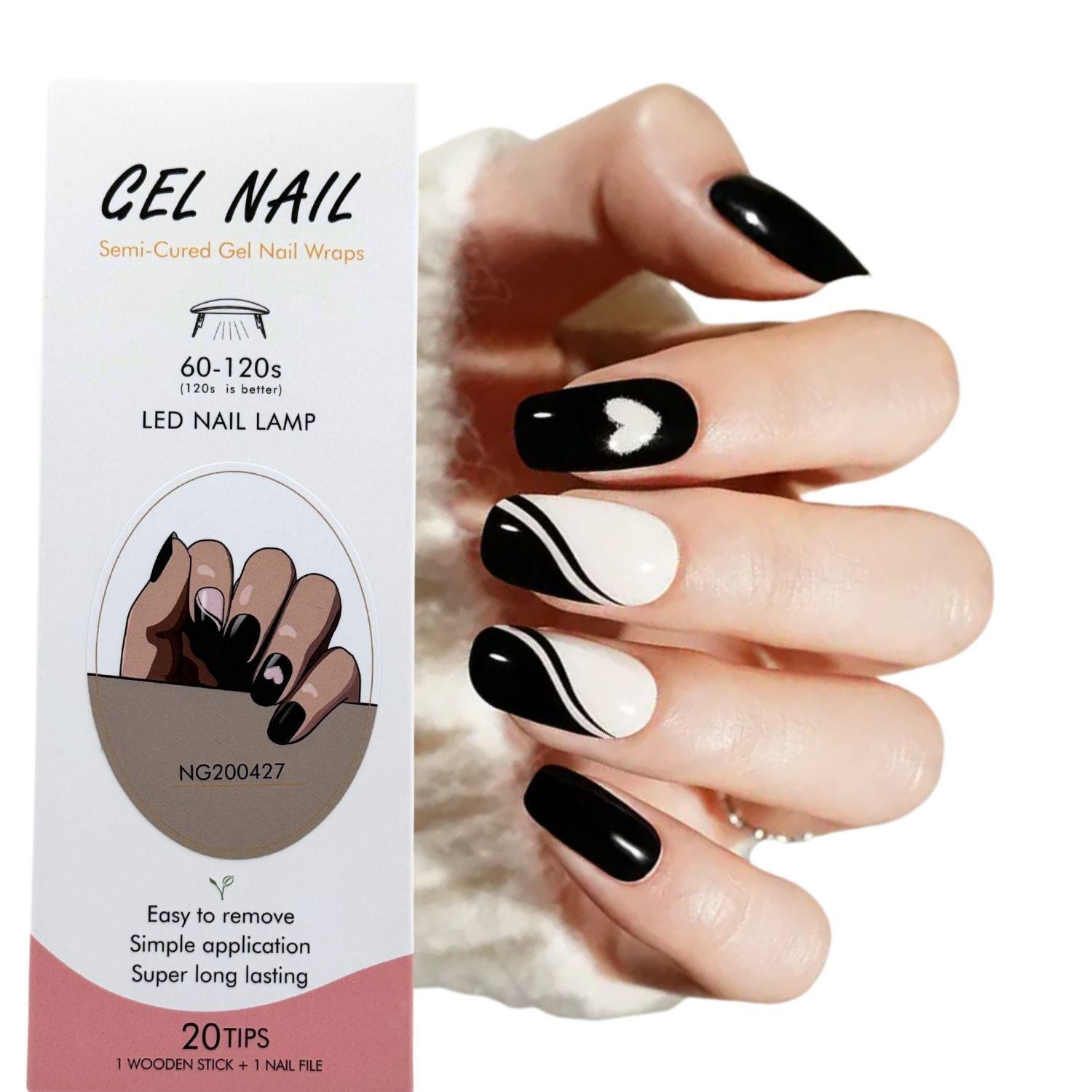 Pack Sticker Uñas Gel Autoadhesiva + Lámpara Uv Led 6w - Diseño blanco y negro con corazón -2