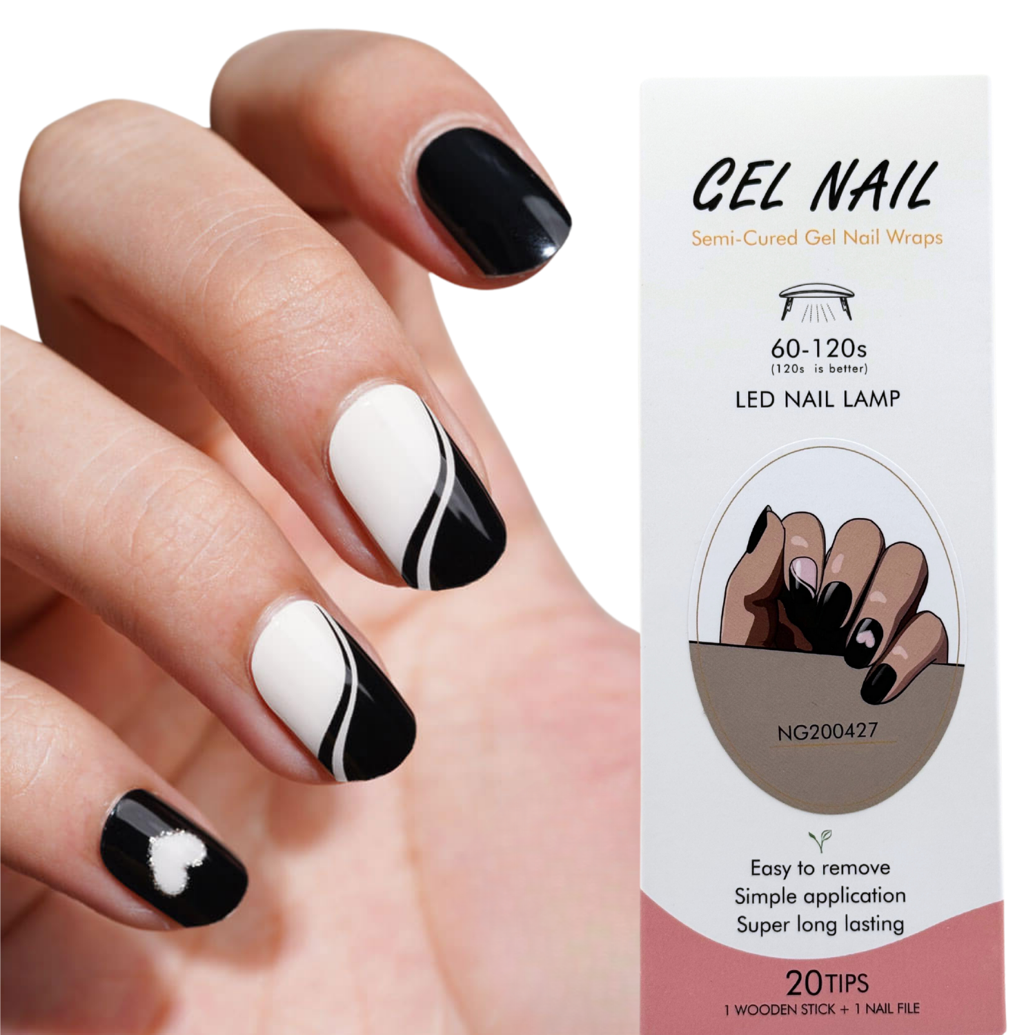Pack Sticker Uñas Gel Autoadhesiva + Lámpara Uv Led 6w - Diseño blanco y negro con corazón -4