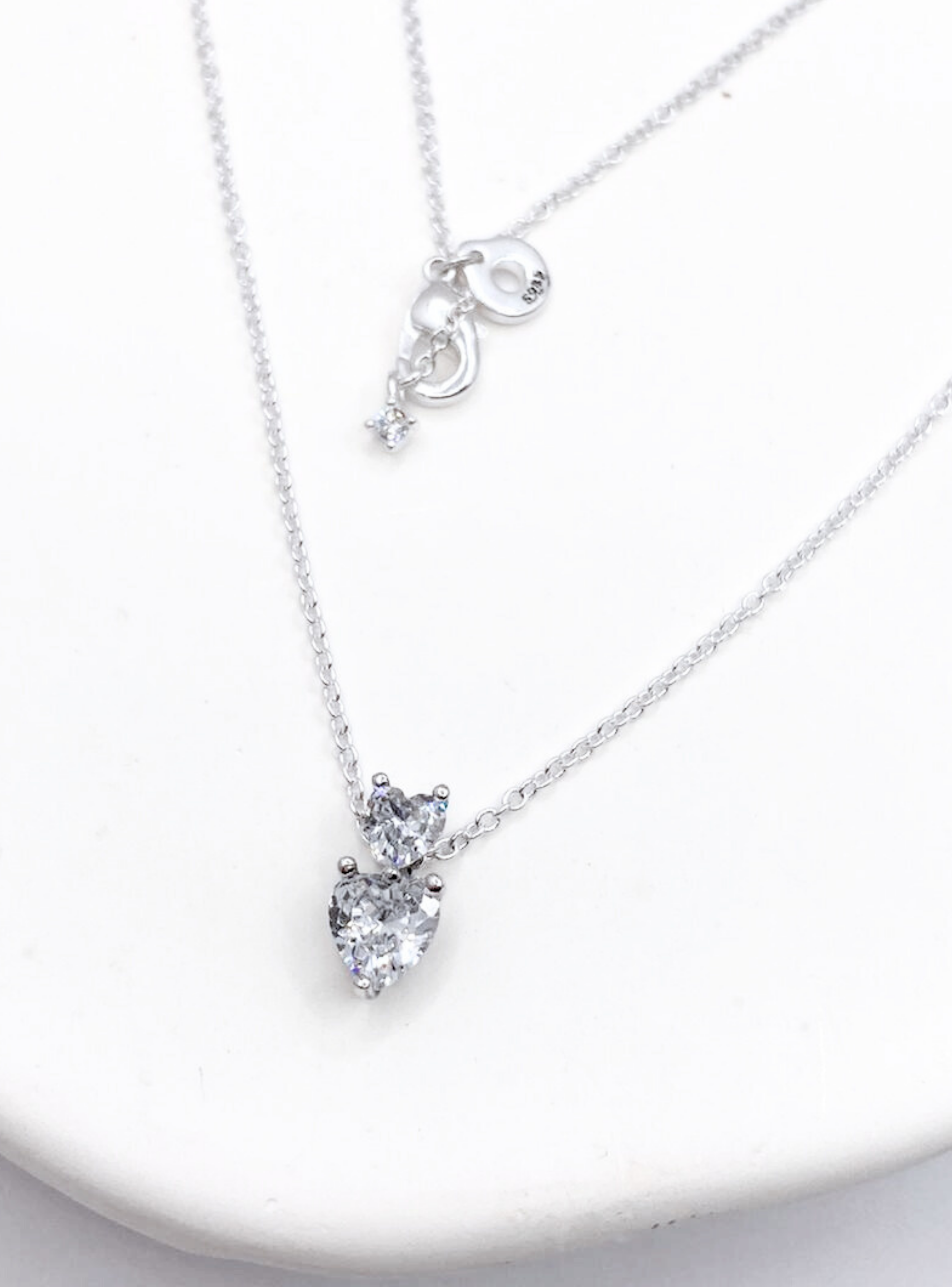 Collar Doble Corazón Circones Blancos, Plata 925-2