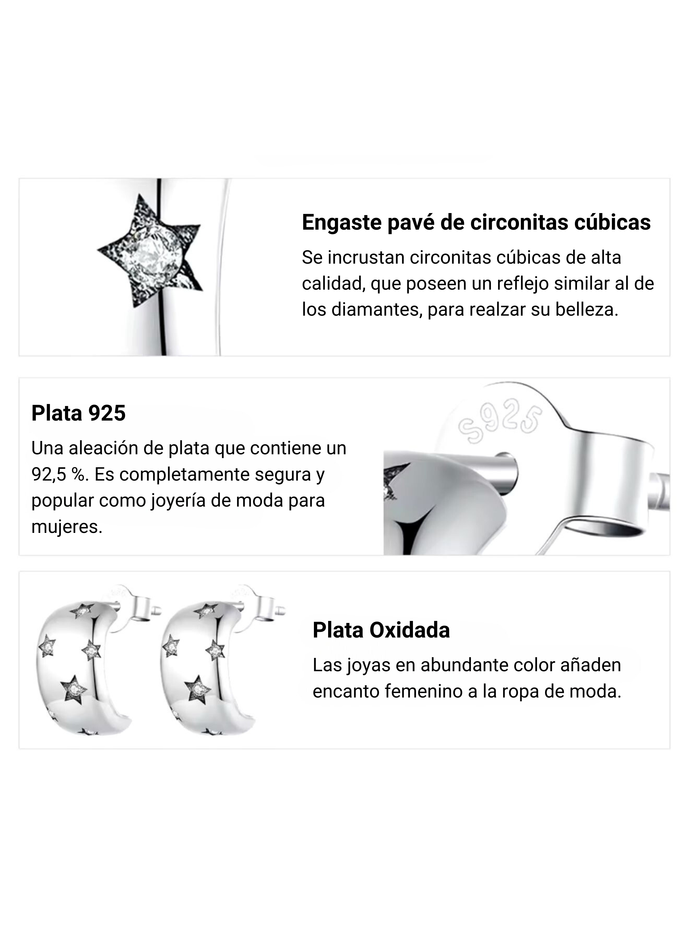 Aros Semi Argolla Plata 925, Estrellas con Incrustaciones de Circonitas Pavé-5